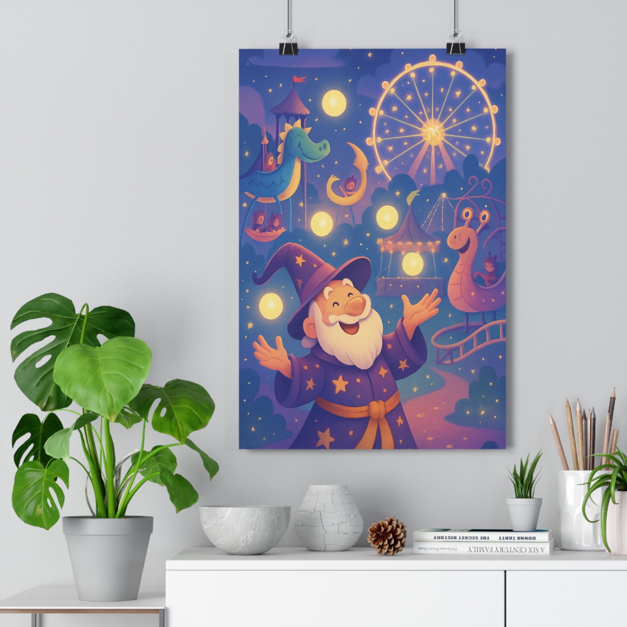 Poster décoratif féerique joyeux dessin animé lumineux enfant chambre magicien dragon attraction manège scène