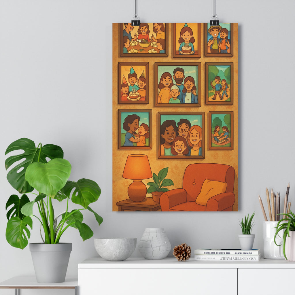 Poster décoratif vintage dessin animé nostalgique familial joyeux salon chambre chaleureux brun orange bleu