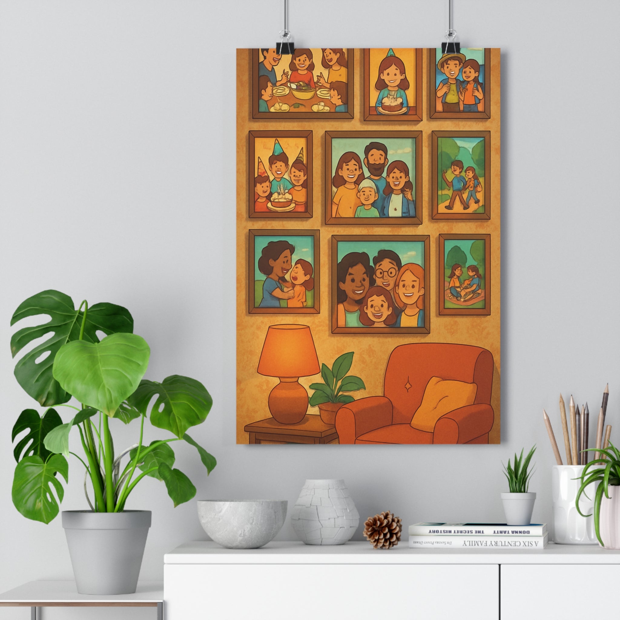 Poster décoratif vintage dessin animé nostalgique familial joyeux salon chambre chaleureux brun orange bleu