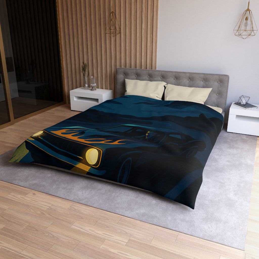 Housse de couette vintage voiture nocturne avec lune et flammes sur capot
