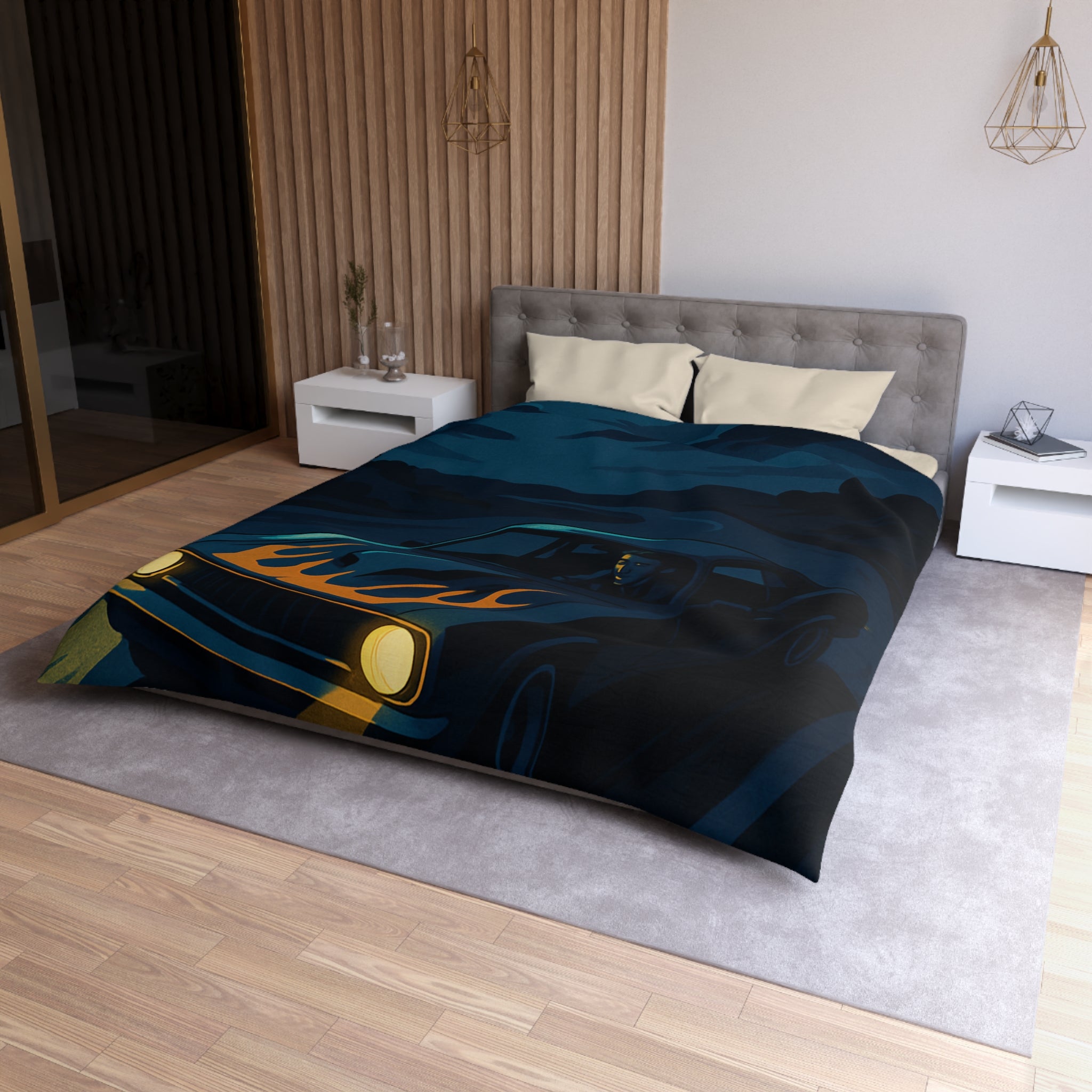 Housse de couette vintage voiture nocturne avec lune et flammes sur capot