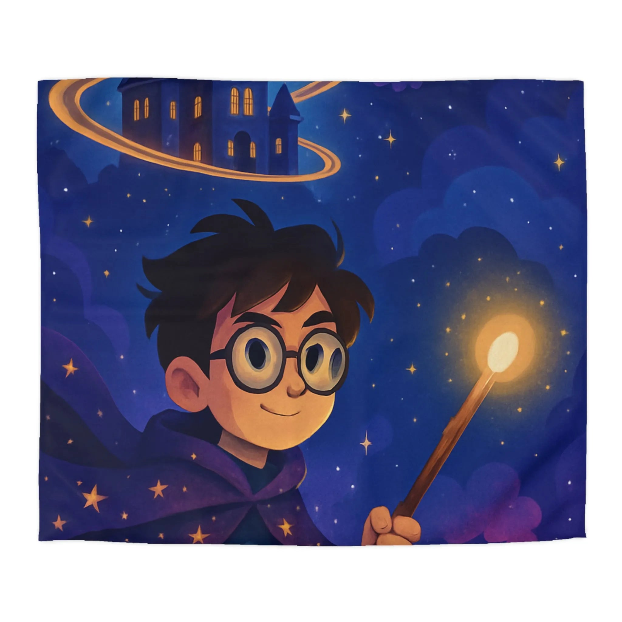 Housse de couette magique bleu nuit avec château, hibou et train enchanté