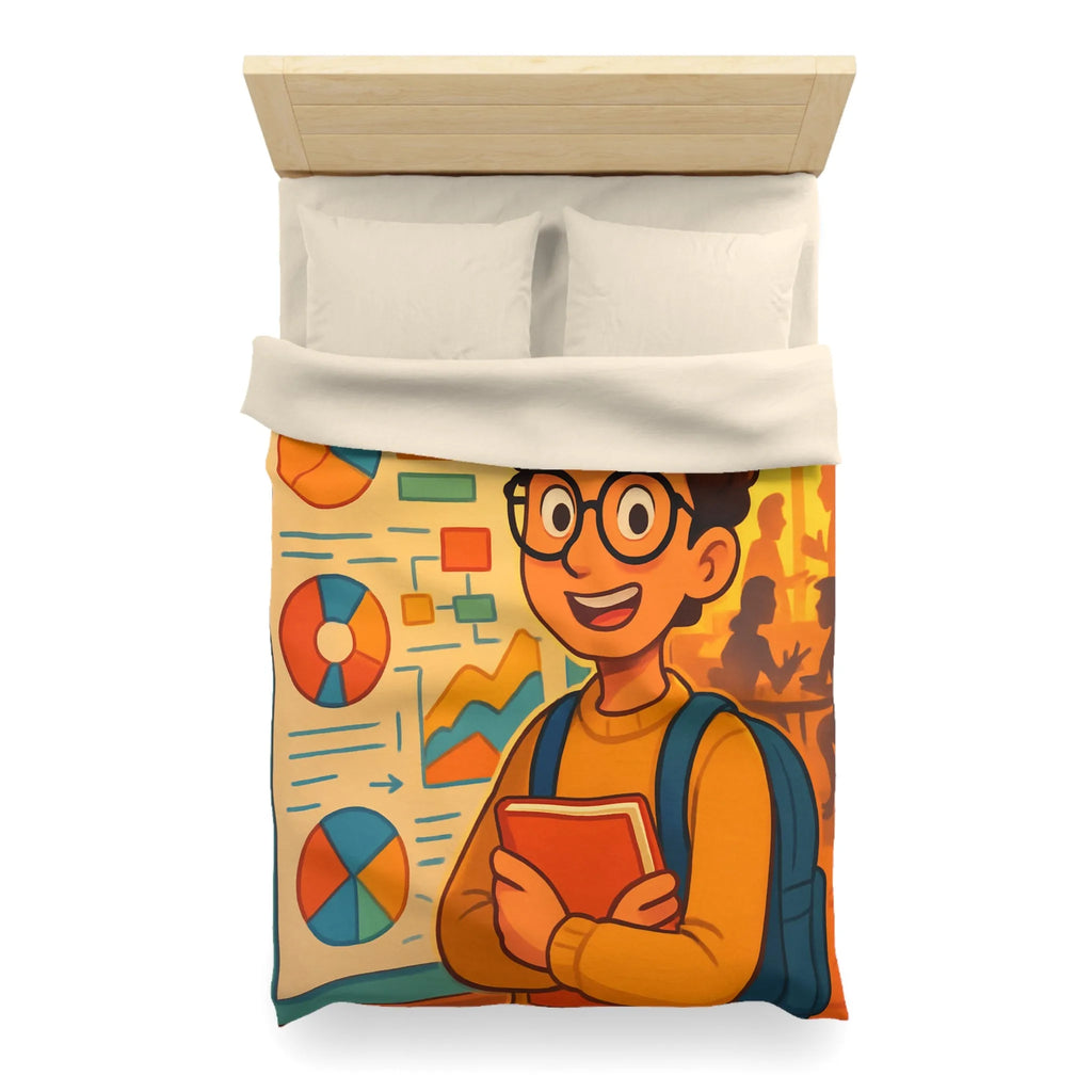 Housse de couette avec motif graphique coloré et personnage étudiant portant lunettes