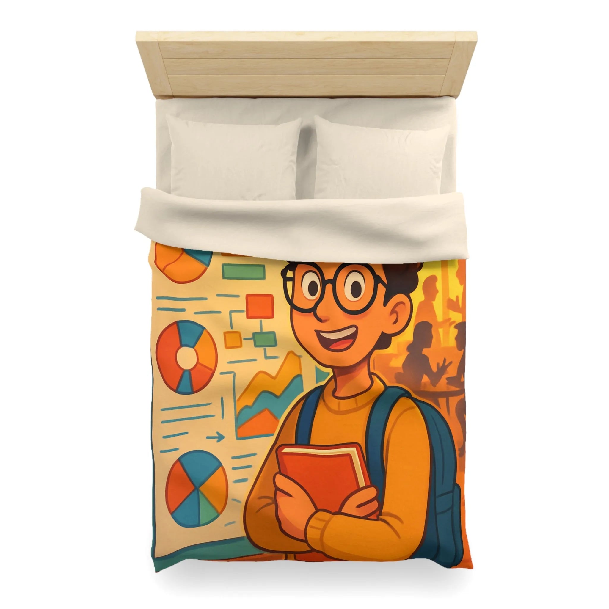 Housse de couette avec motif graphique coloré et personnage étudiant portant lunettes