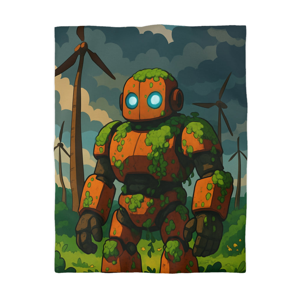 Housse de couette robot et éoliennes, motif nature et technologie, ambiance verte apaisante