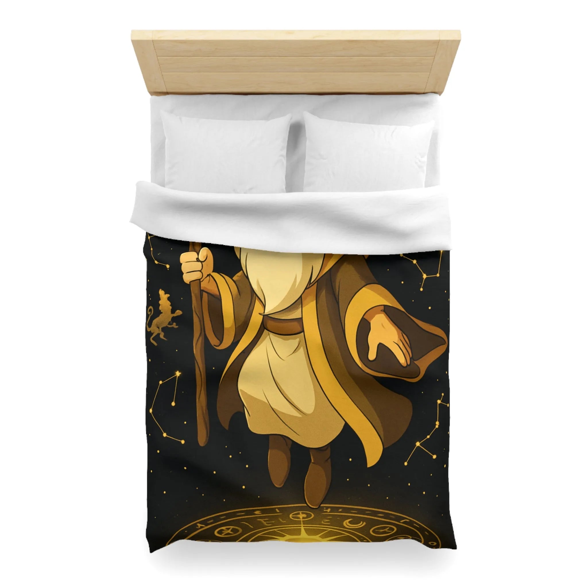Housse de couette avec magicien illuminé et constellations dorées pour chambres enchantées