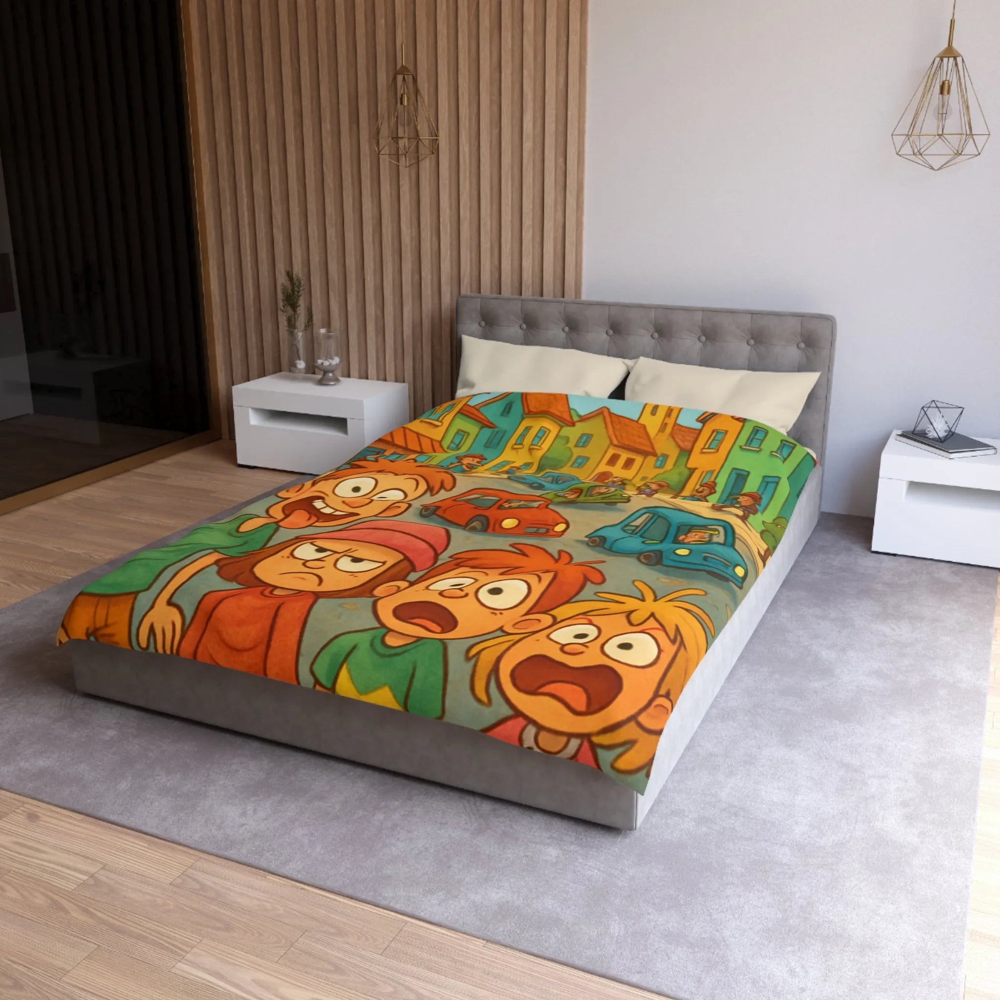 Housse de couette enfants joyeuse ville animée avec personnages colorés et expressions vives