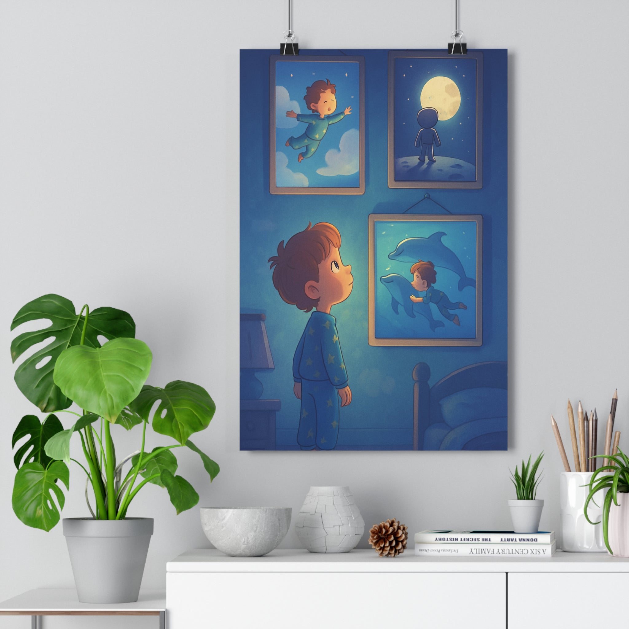 Poster décoratif enfant rêveur pyjama bleu jaune cartoon chambre mystique aventure cadre nuages lune