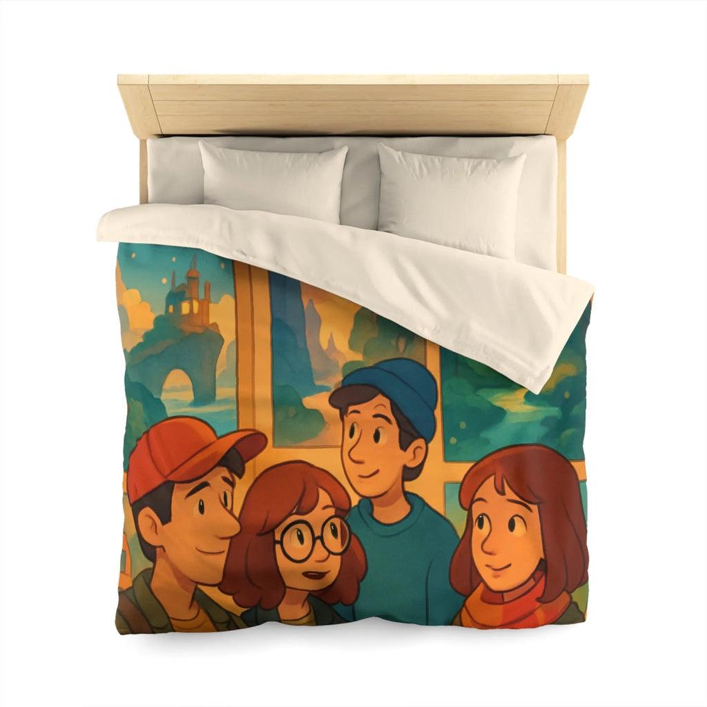 Housse de couette colorée avec paysages enchanteurs et personnages stylisés en exposition artistique