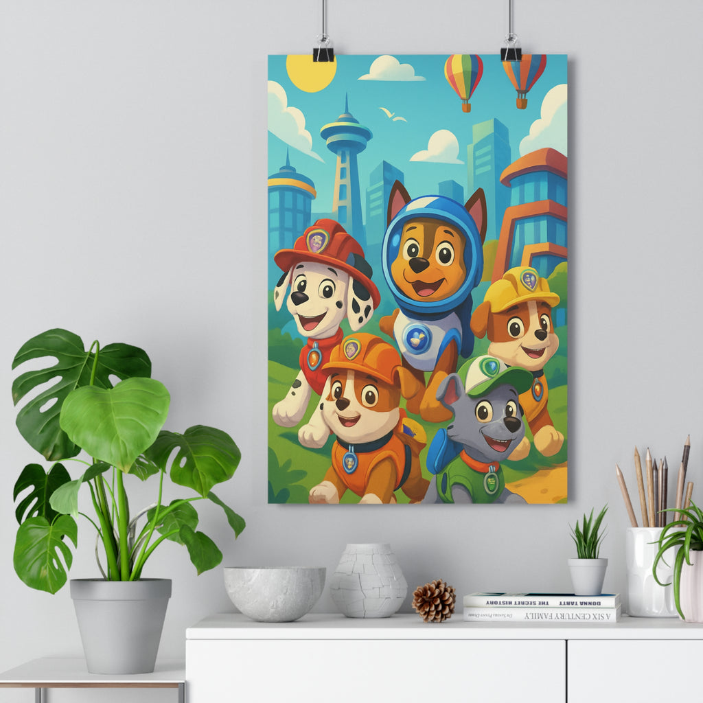 Poster décoratif cartoon joyeux chiots courageux coloré urbain aventure chambre enfant moderne qualité premium