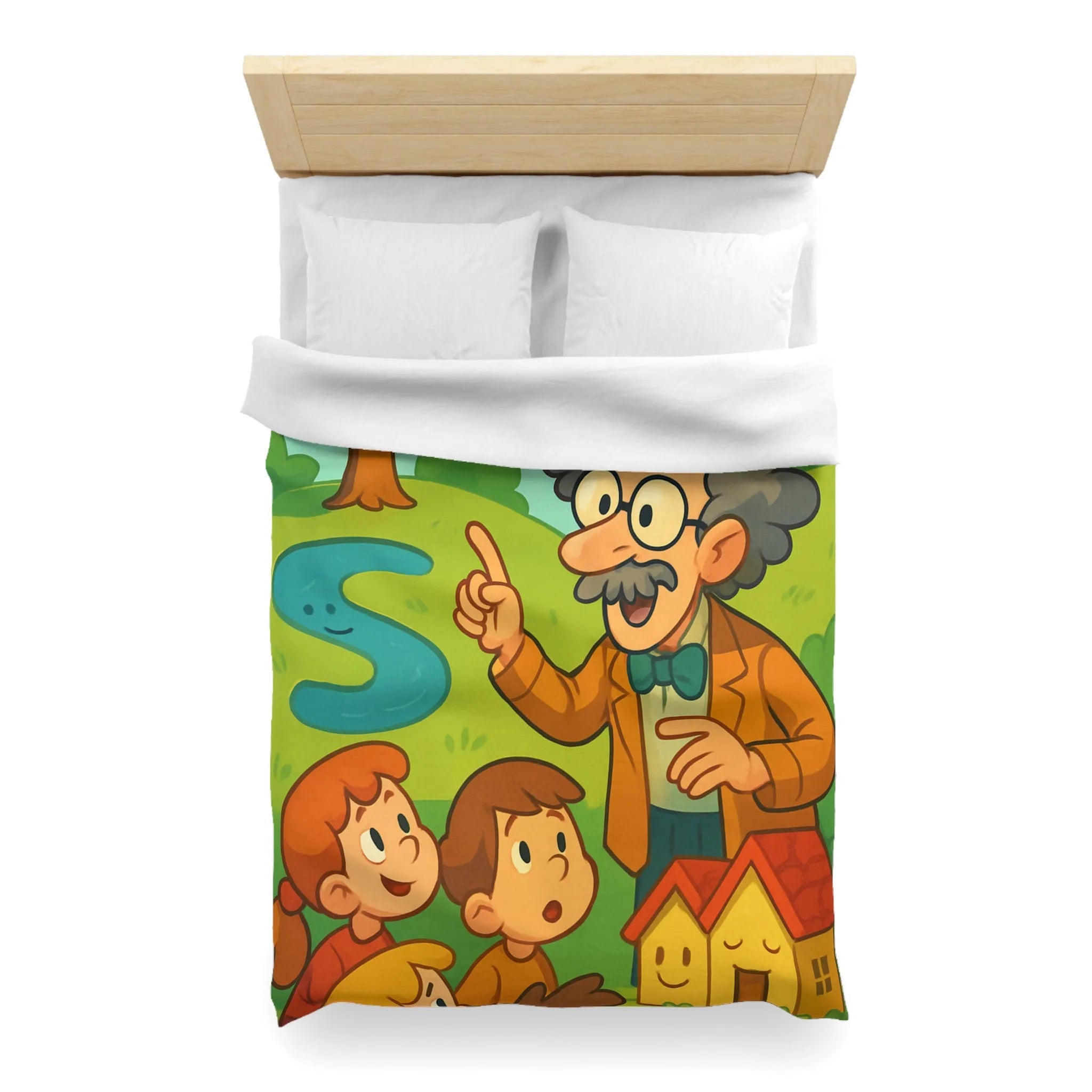 Housse de couette colorée avec un professeur et enfants dans un paysage enchanteur