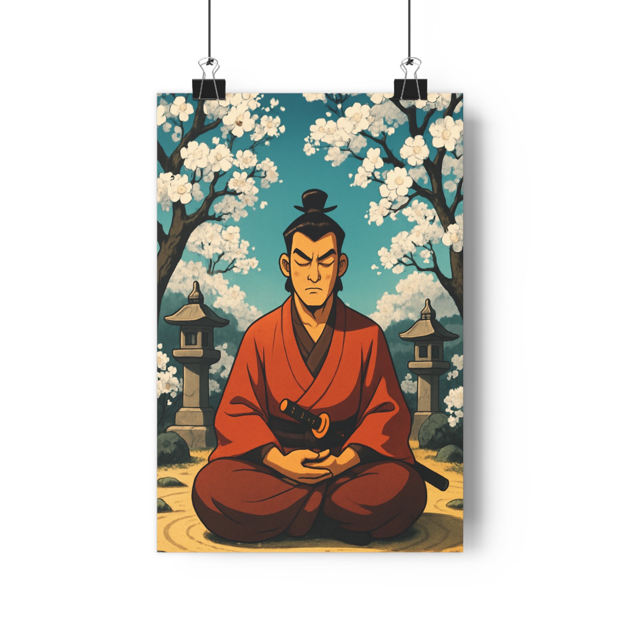 Poster décoratif samouraï rouge marron zen méditation jardin anime sérénité salon contemplation chambre unique