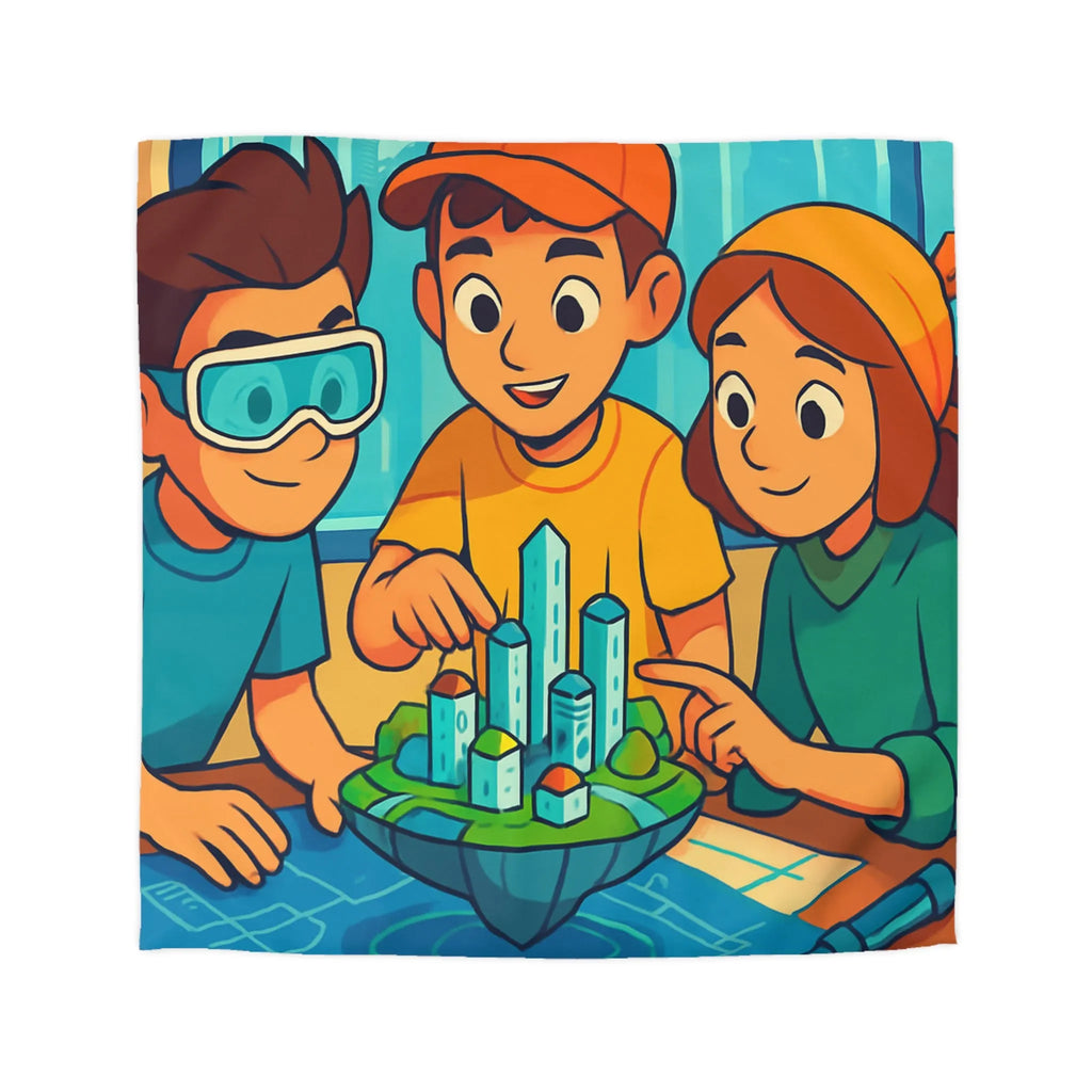 Housse de couette avec design futuriste ludique, enfants explorant une ville miniature colorée