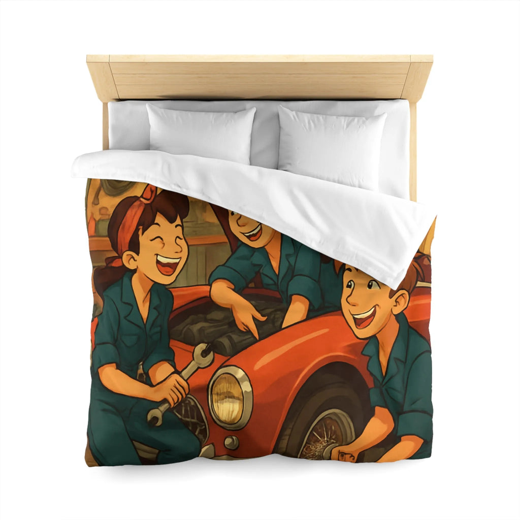 Housse de couette atelier mécanique vintage avec jeunes mécaniciens et voiture rouge joyeuse