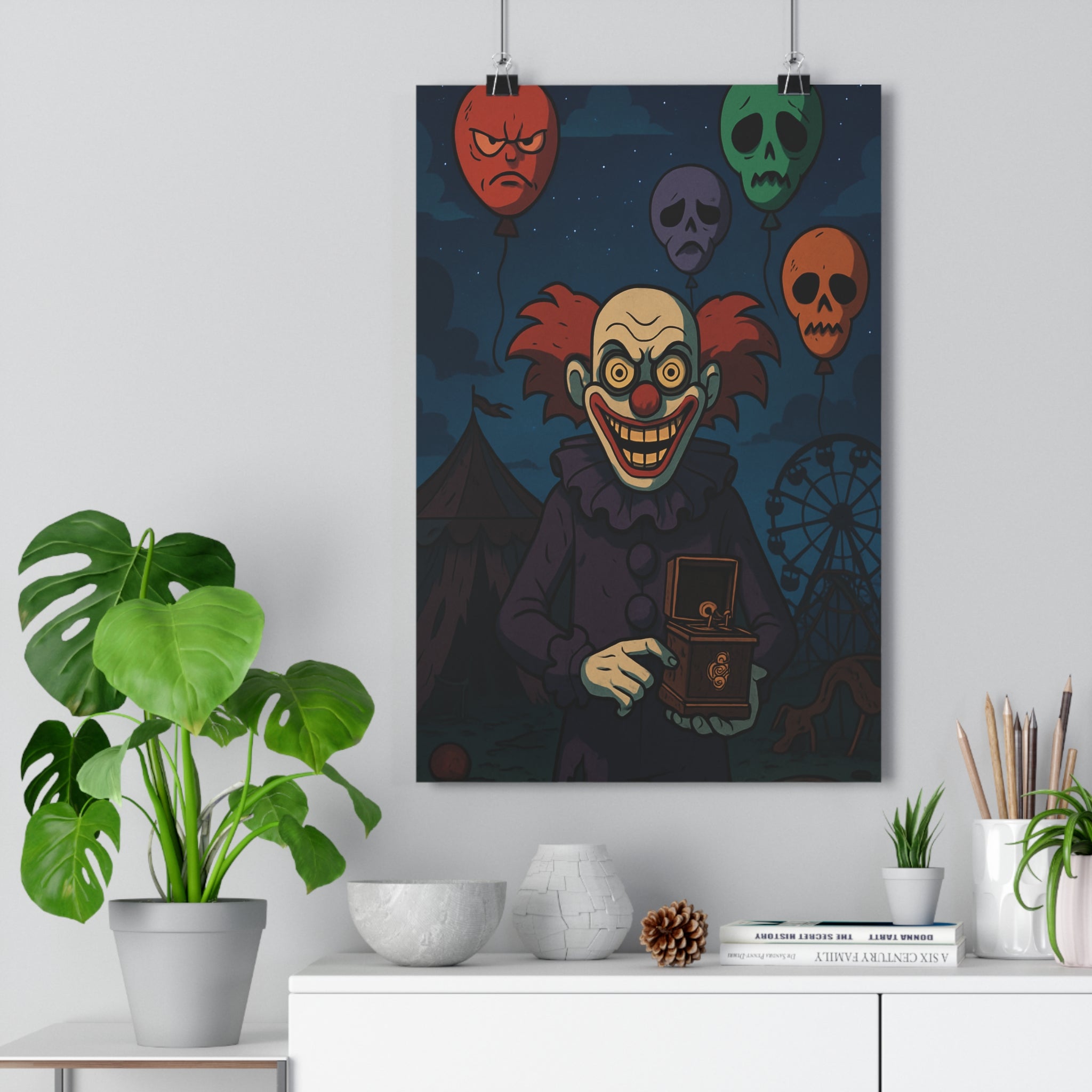 Poster décoratif clown menaçant rouge noir cartoon horreur chambre ambiance inquiétante art mural unique