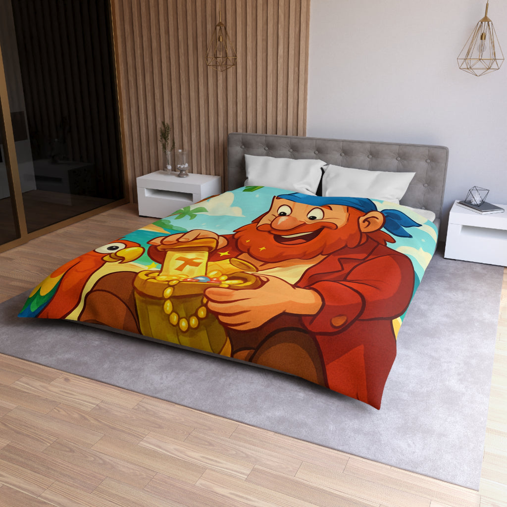 Housse de couette pirate joyeux trésor plage, perroquet coloré, mer et palmiers