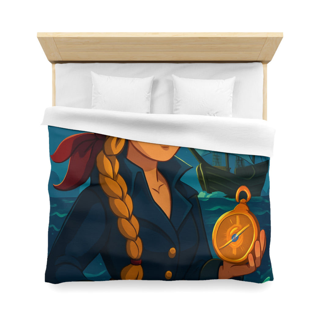 Housse de couette pirate colorée avec femme audacieuse, boussole et bateau illuminé