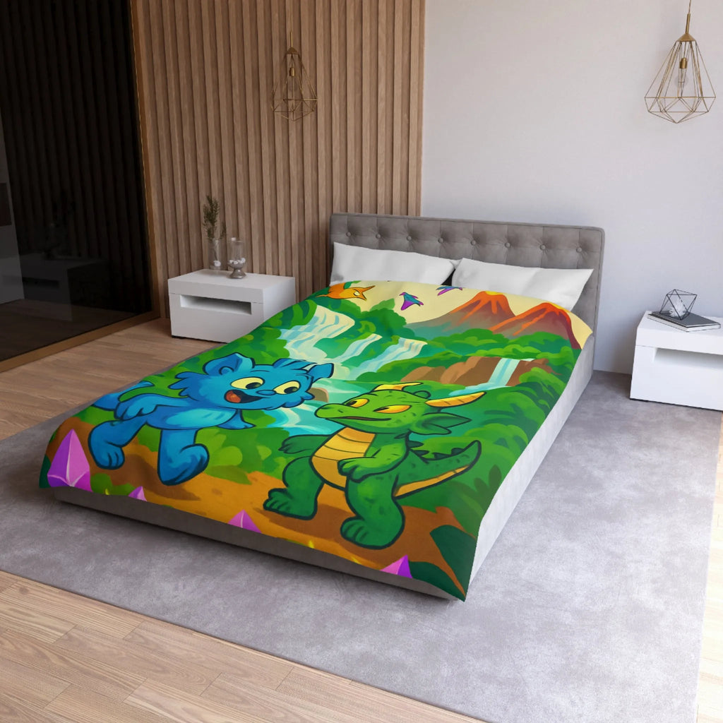 Housse de Couette Fantaisie Enfants Avec Animaux et Paysage Magique Coloré Vert et Bleu