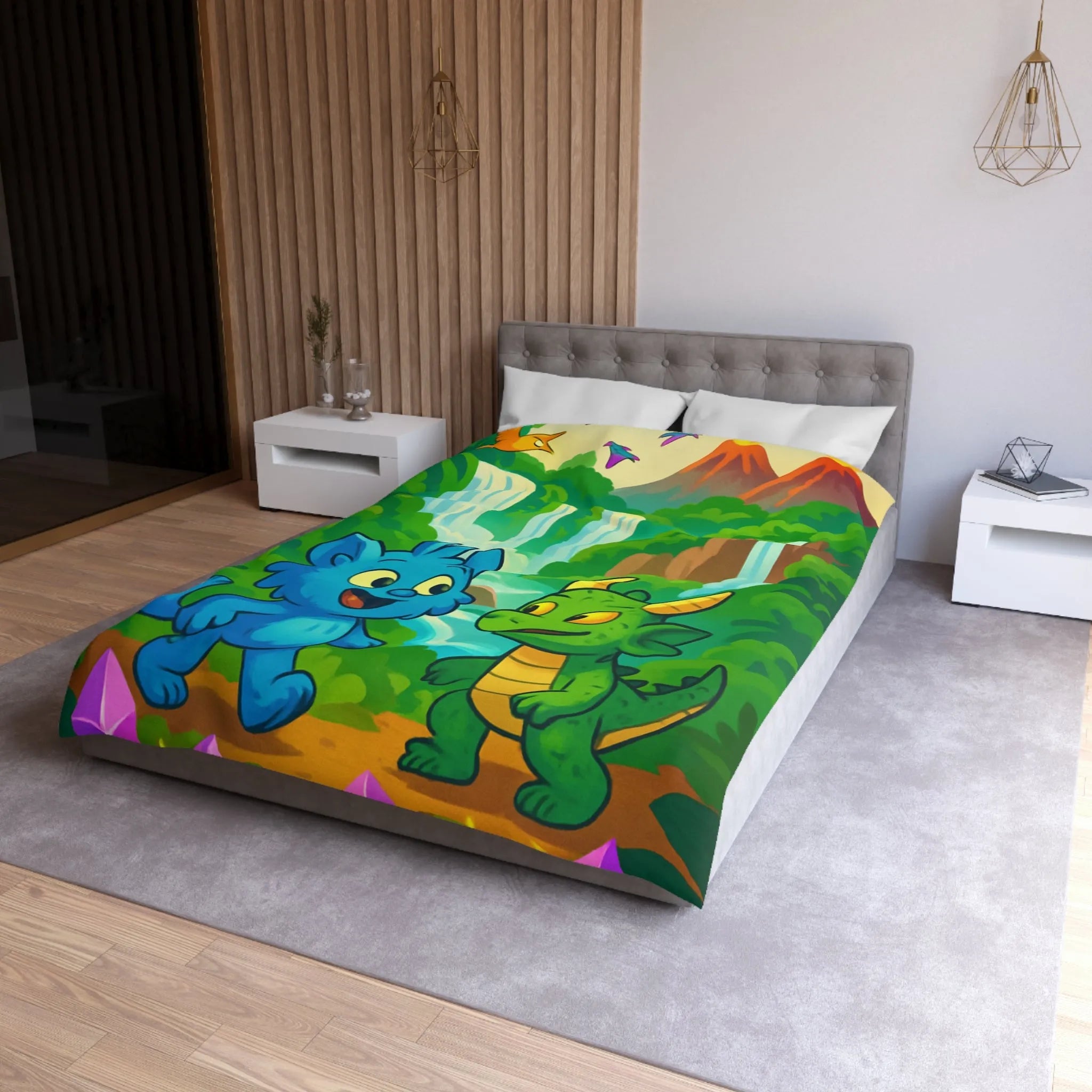 Housse de Couette Fantaisie Enfants Avec Animaux et Paysage Magique Coloré Vert et Bleu