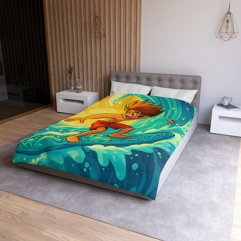 Enfant vibrant surfe sur vague turquoise sous ciel jaune vif artistique et joyeux