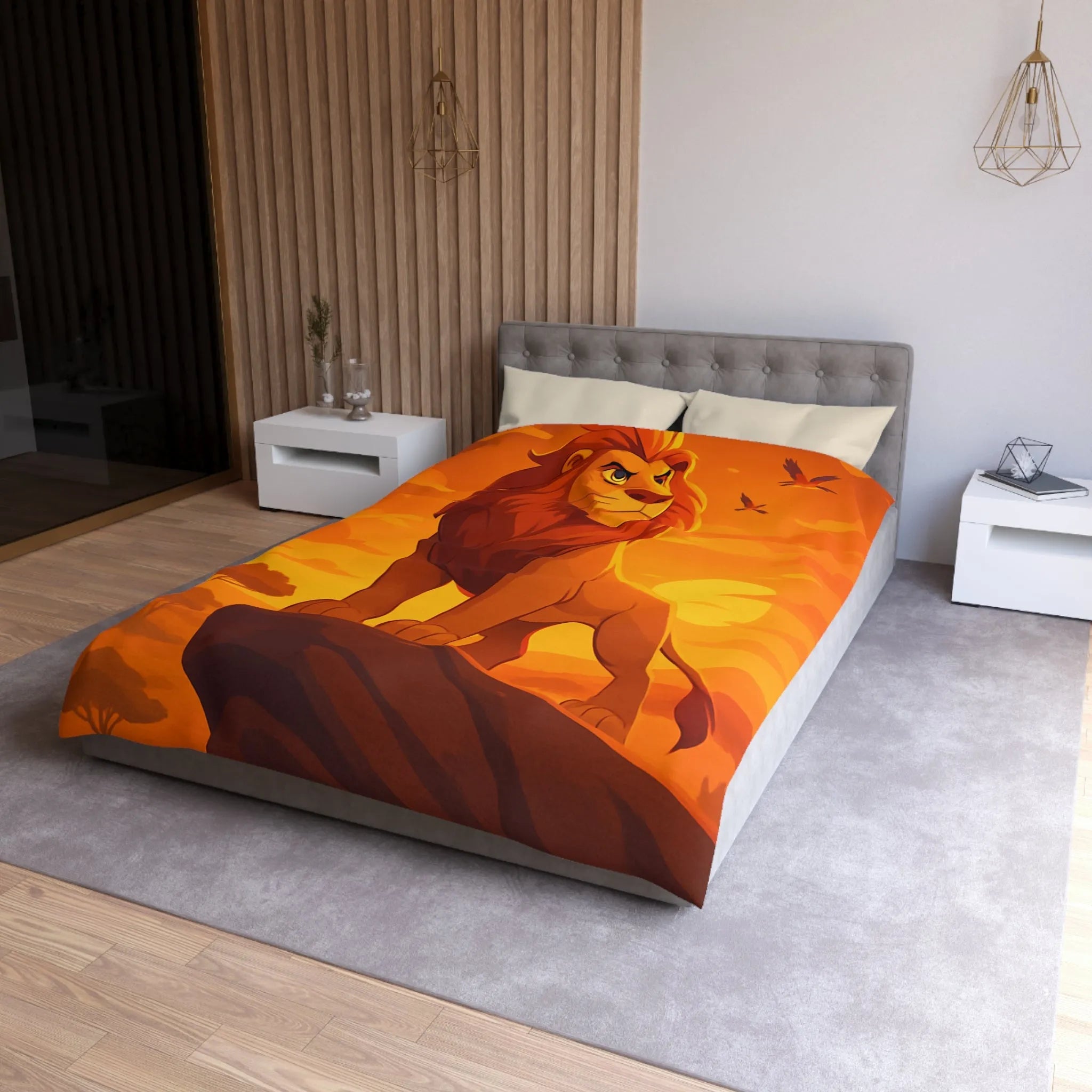 Housse de Couette Lion Majestueux au Coucher du Soleil pour Chambre Thématique Safari
