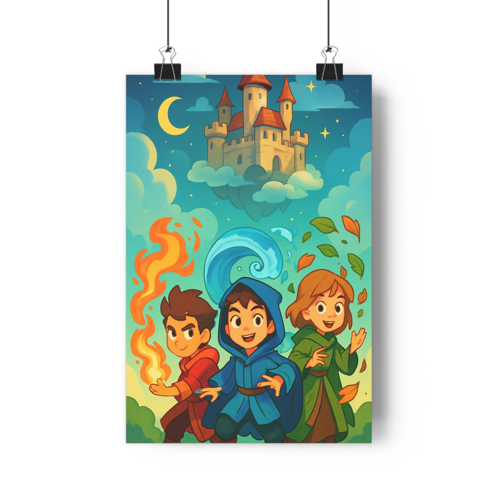 Poster décoratif magique dessin animé rouge bleu vert chambre enfant enchanté mystique céleste ambiance