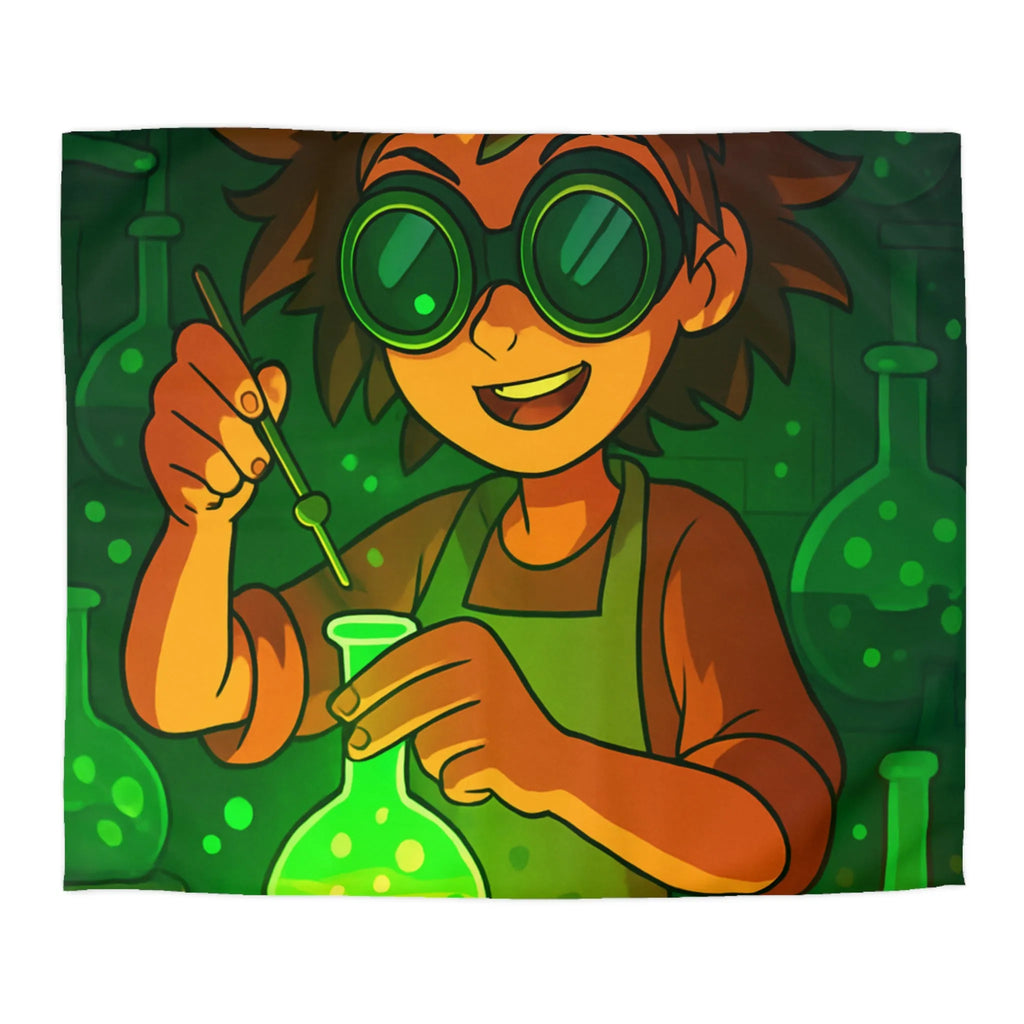 Housse de couette colorée avec un jeune chimiste dans un laboratoire mystérieux et magique