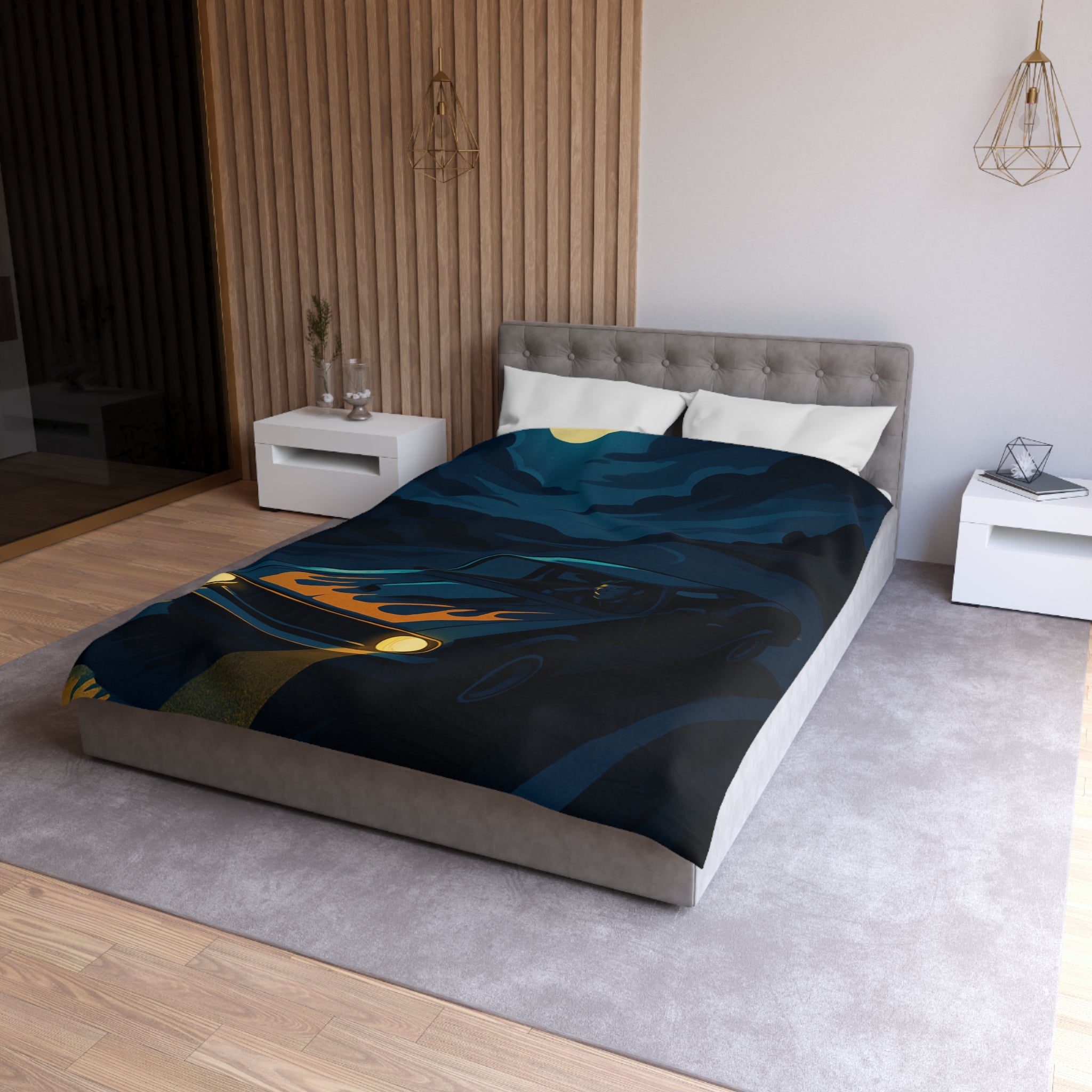 Housse de couette vintage voiture nocturne avec lune et flammes sur capot