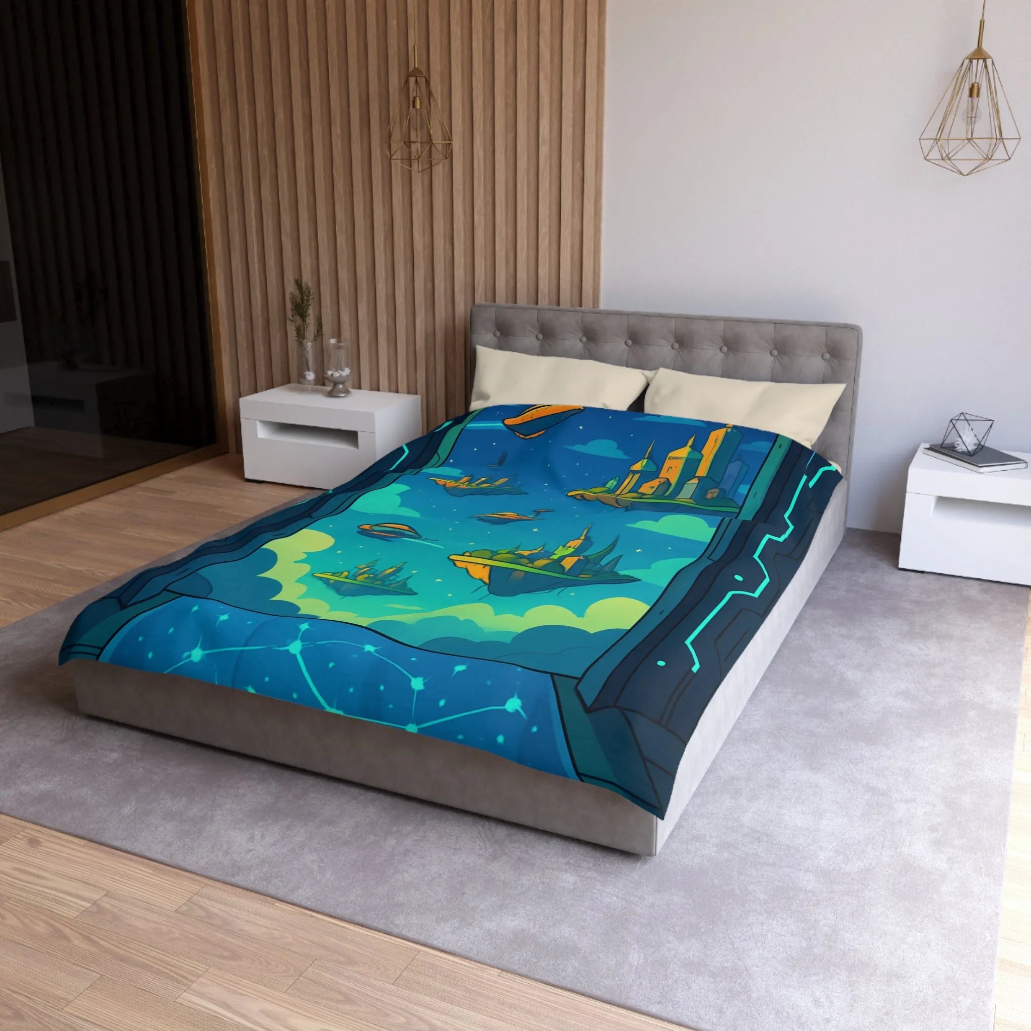 Housse de couette futuriste avec cités flottantes sous ciel étoilé et vaisseaux spatiaux
