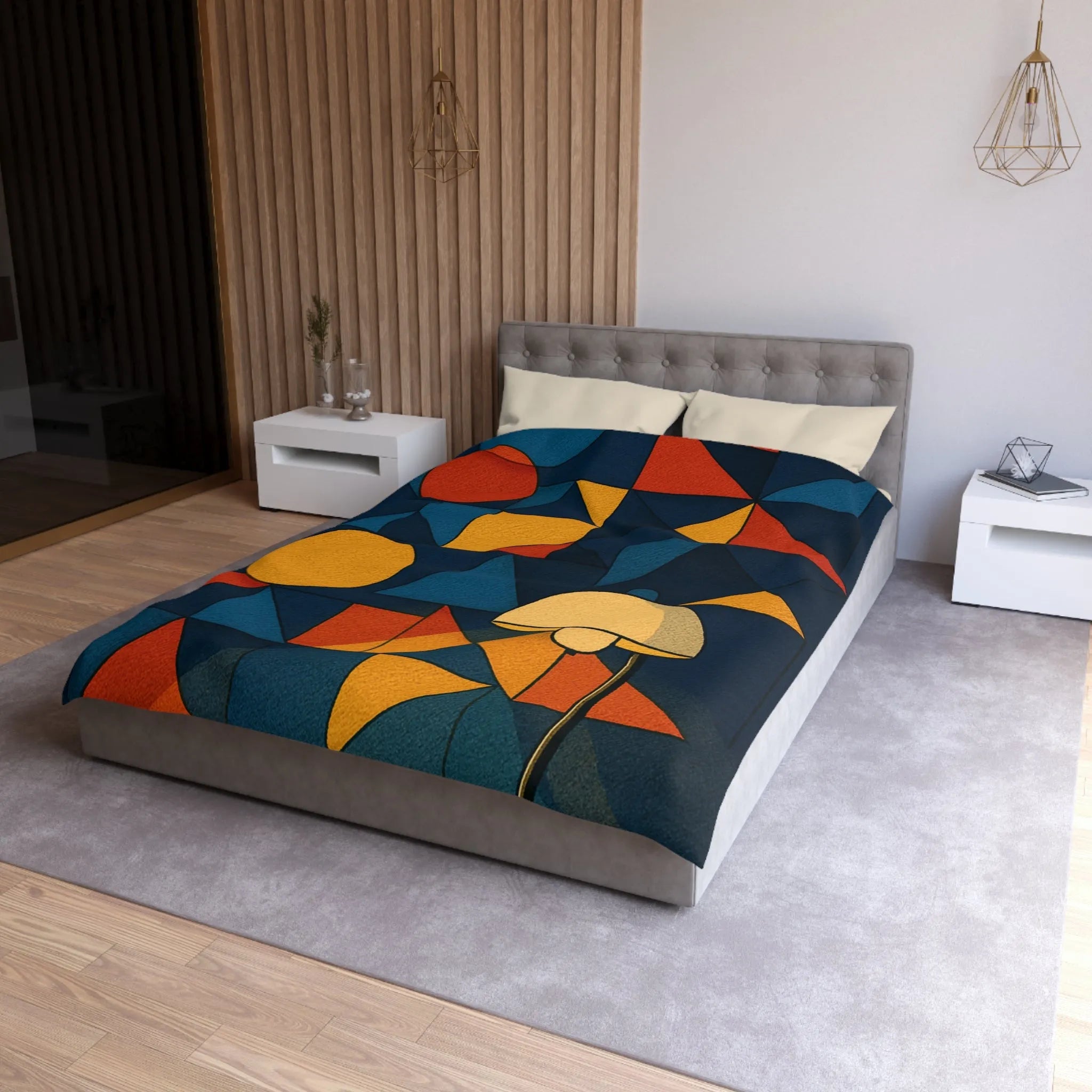 Housse de couette géométrique moderne multicolore avec motifs rétro et ambiance chaleureuse éclairée