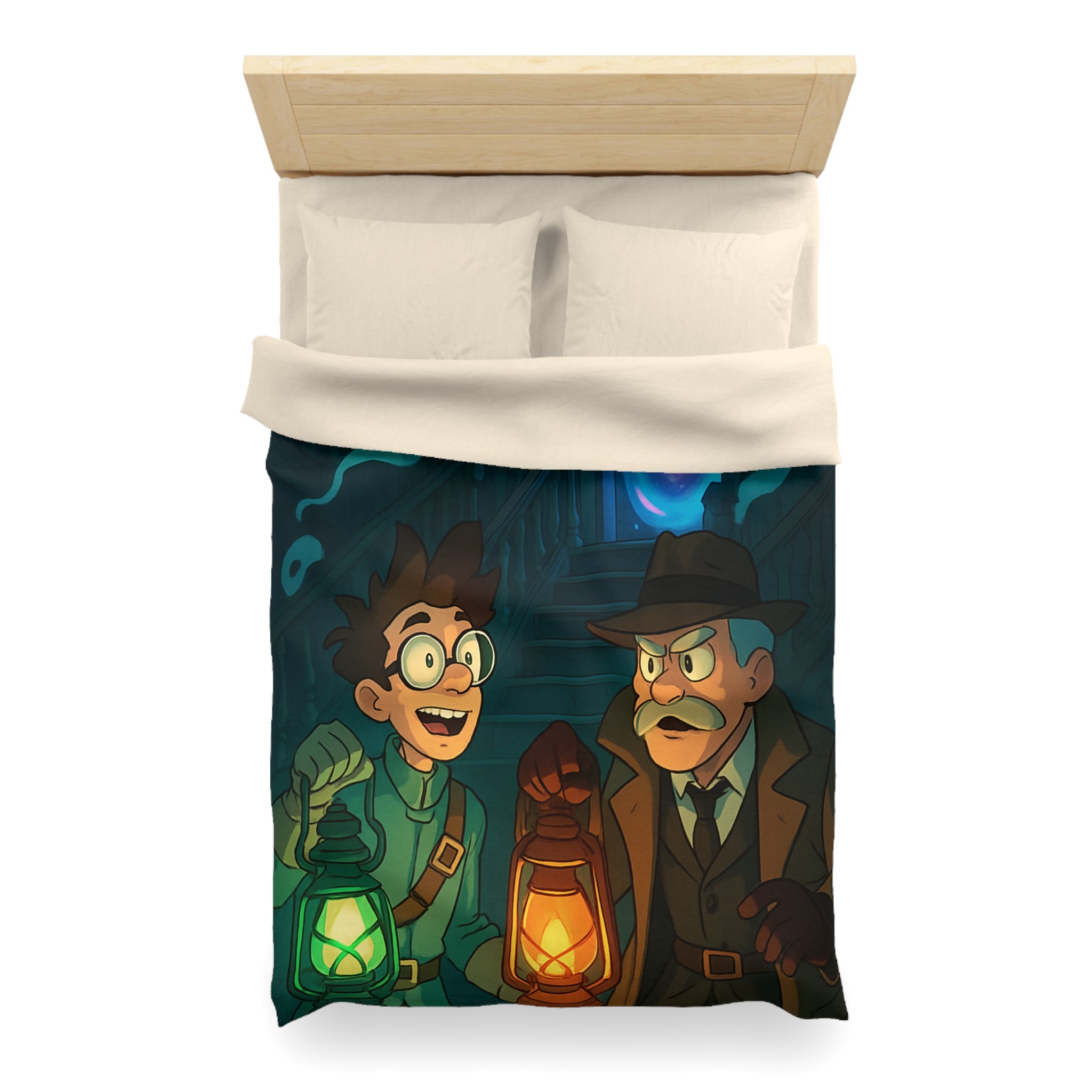 Housse de couette mystère avec lanternes, enquêteurs, fantômes et portail mystérieux
