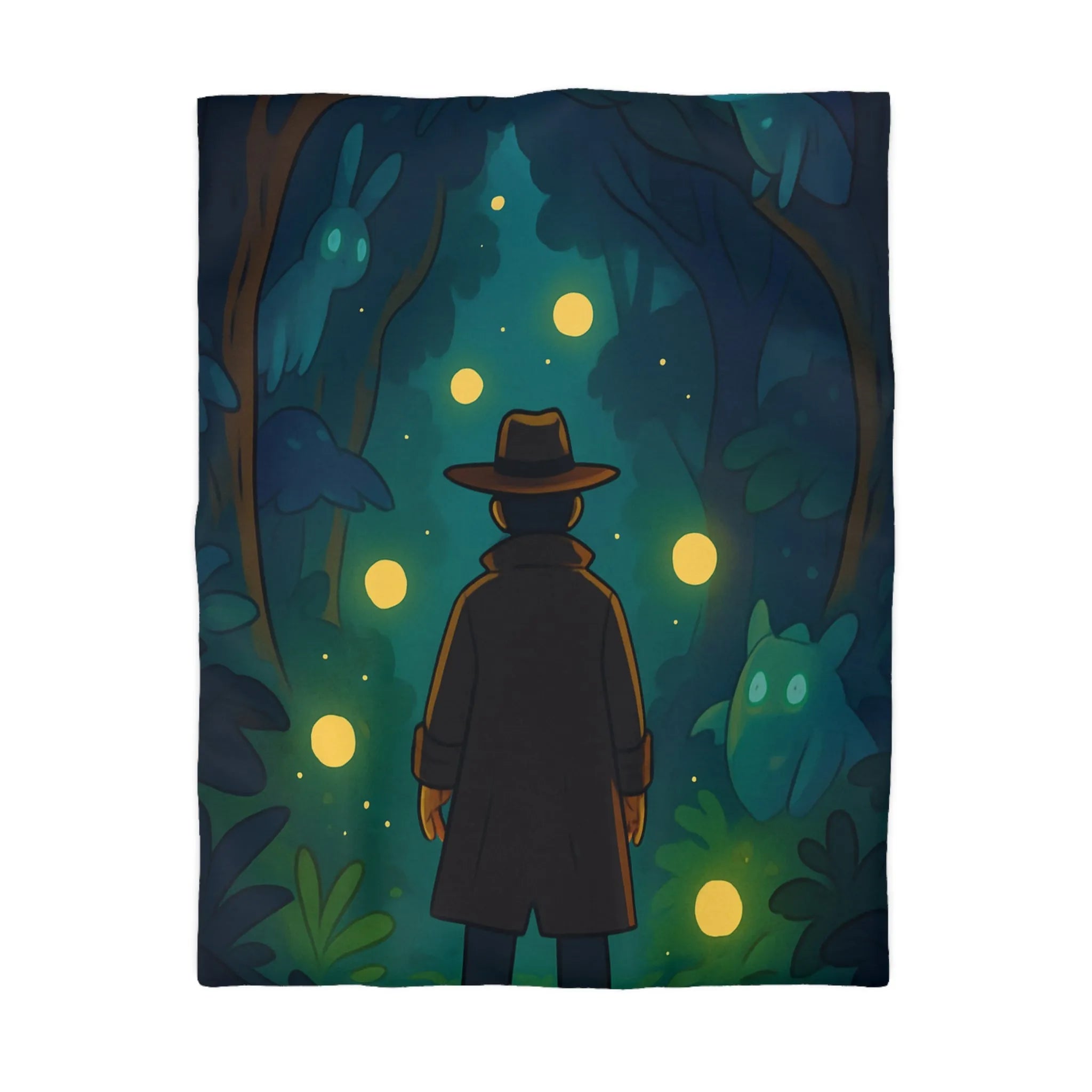 Housse de Couette Forêt Mystique avec Créatures Lumineuses et Promeneur en Chapeau