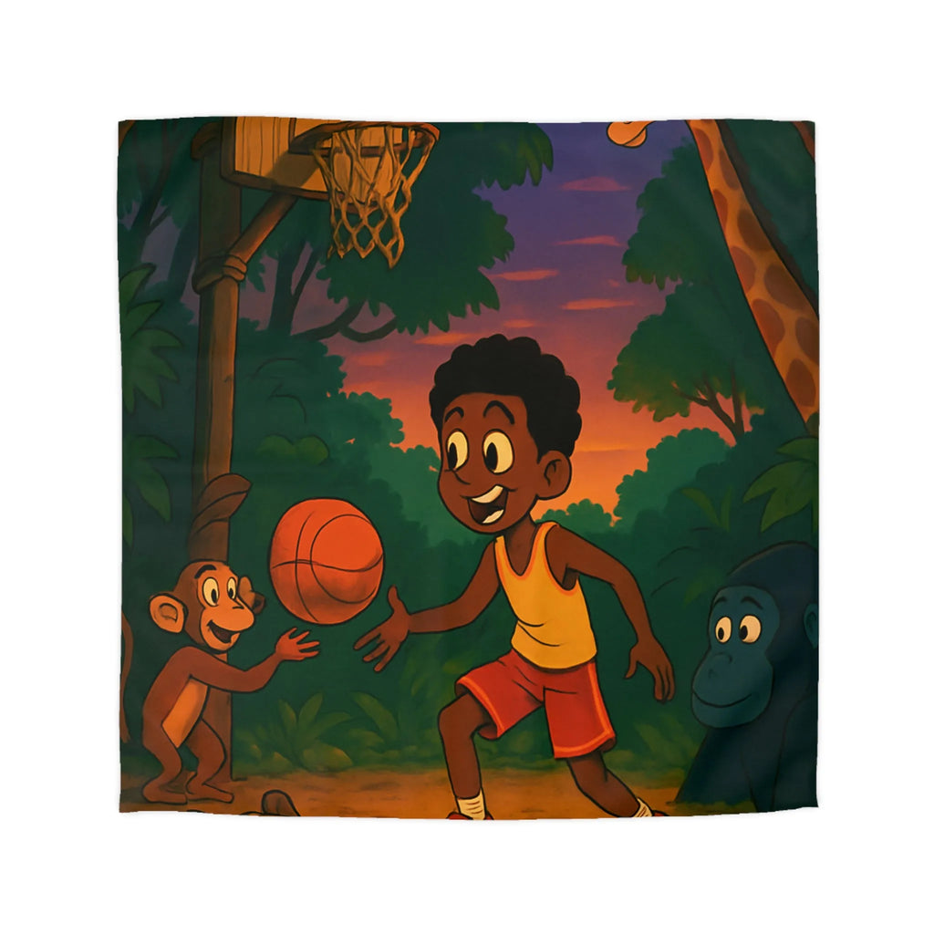 Housse de couette enfant jungle colorée avec garçon jouant au basket et animaux amusants