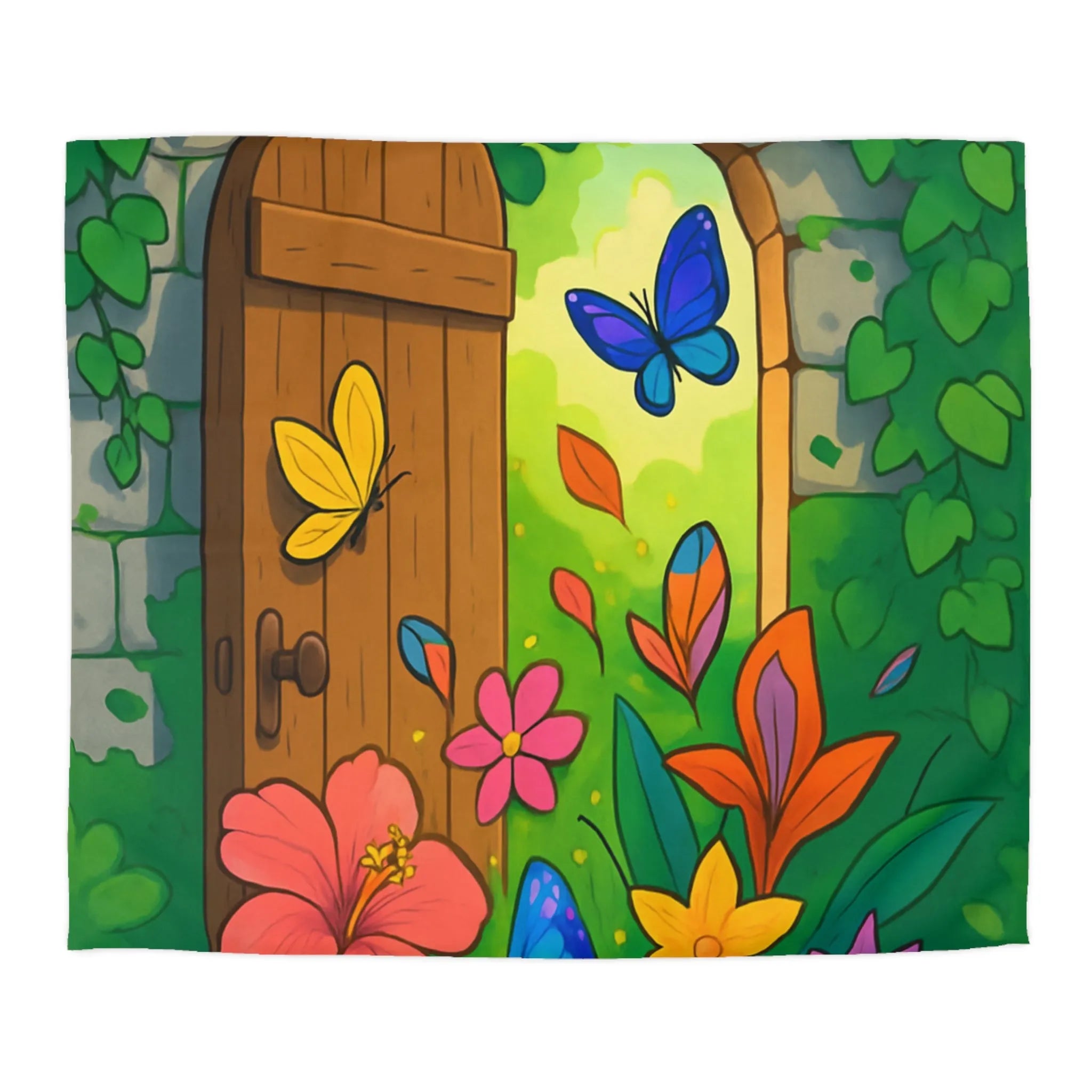 Housse de couette avec papillons colorés et fleurs devant porte de jardin enchanté