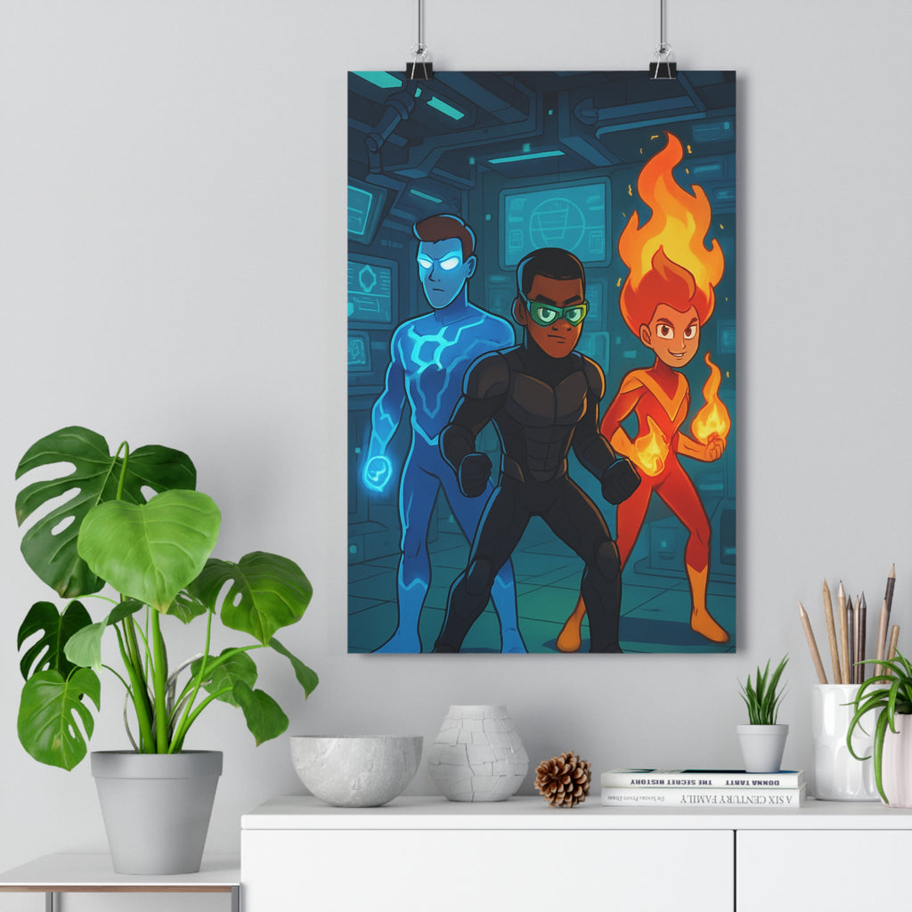 Poster décoratif cartoon héros futuriste bleu noir rouge lumineux chambre salon moderne tendance ambiance