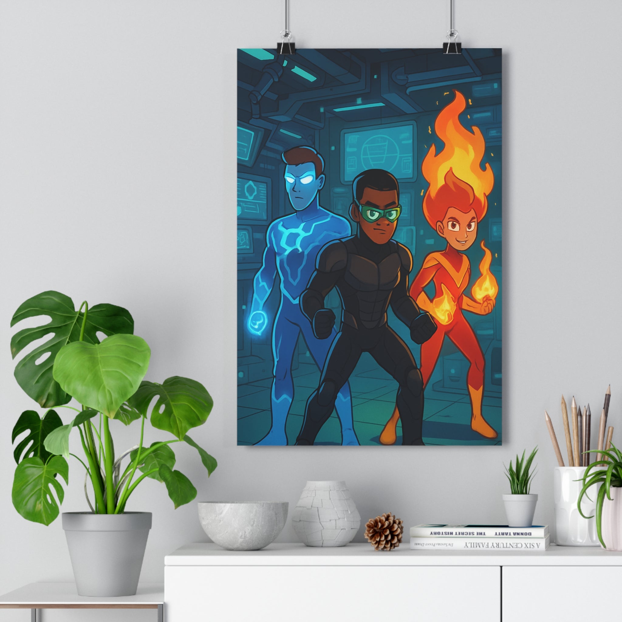 Poster décoratif cartoon héros futuriste bleu noir rouge lumineux chambre salon moderne tendance ambiance