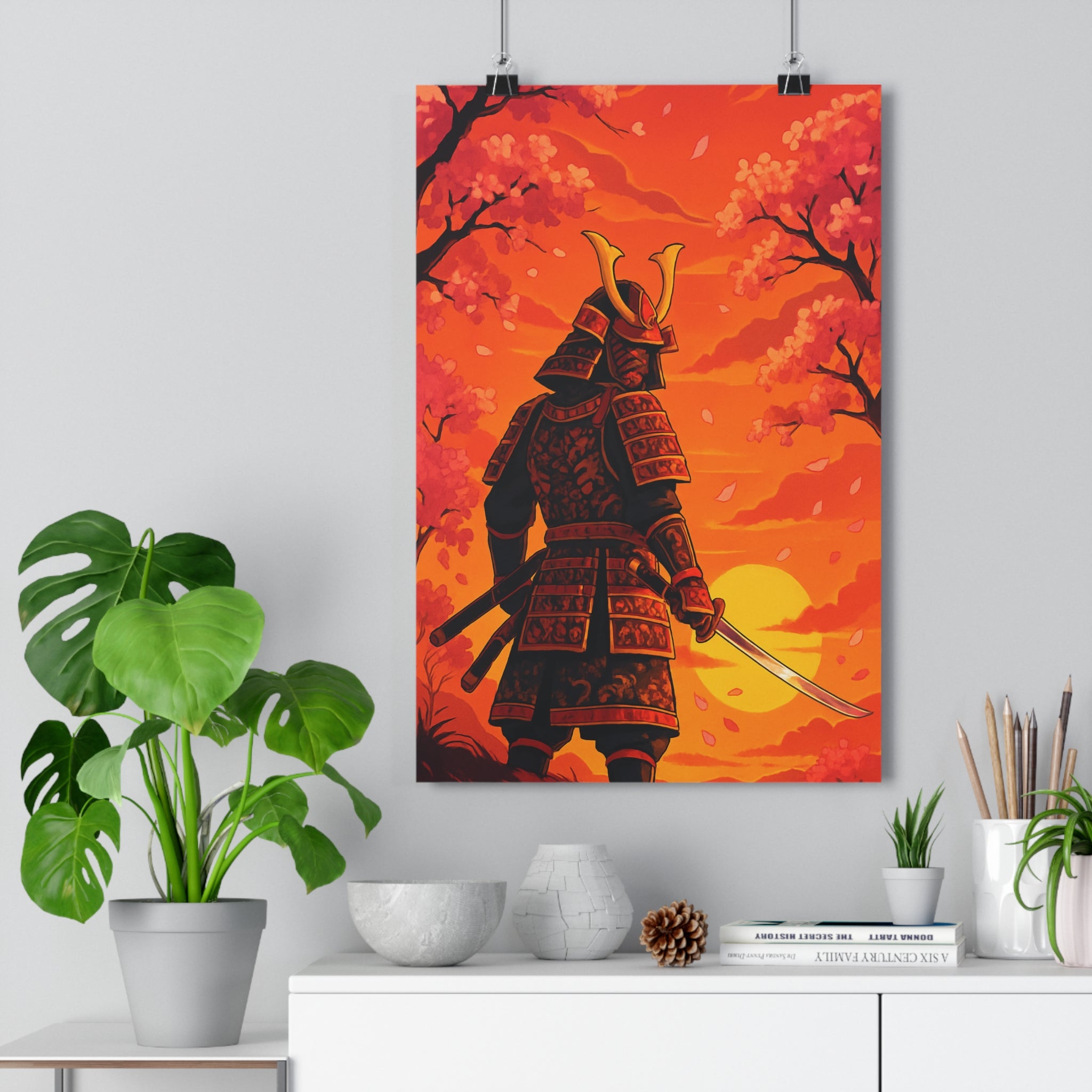 Poster décoratif anime historique samouraï crépuscule armure orangé cerisier pétales ambiance mystique bureau chambre