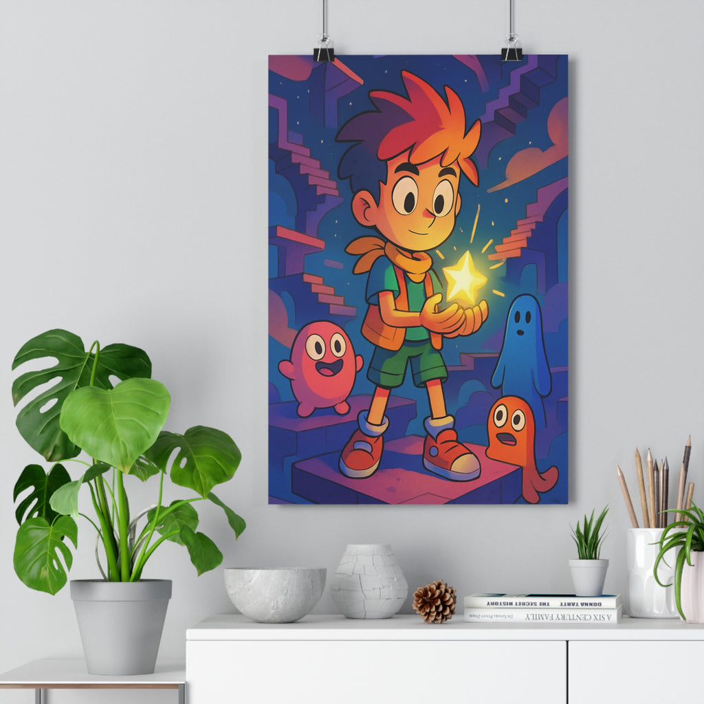 Poster décoratif jeune aventurier étoile lumineuse créatures colorées cartoon magique enfant chambre 30x46 cm