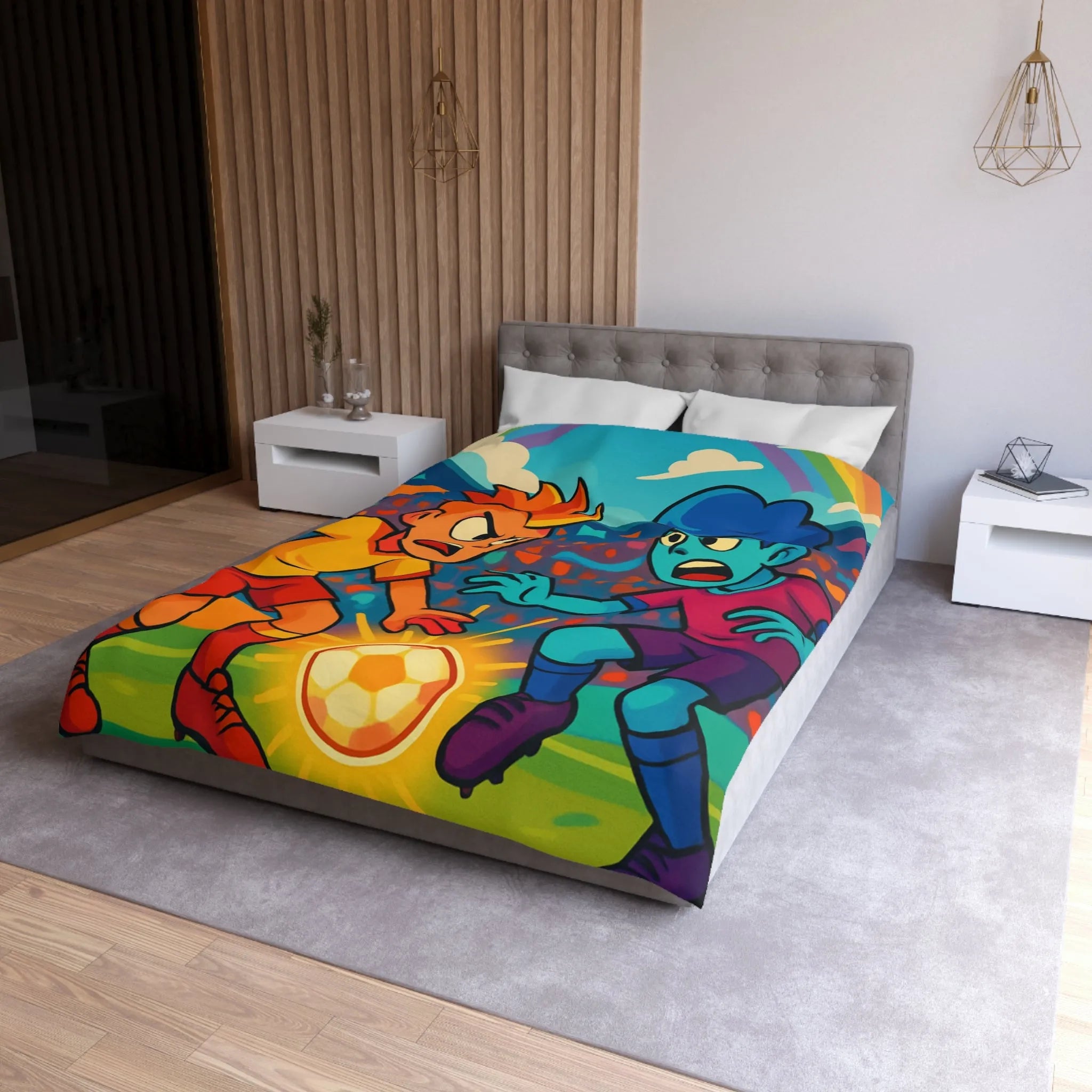 Housse de Couette Colorée pour Enfants avec Joueurs de Football Sur Fond Arc-en-ciel