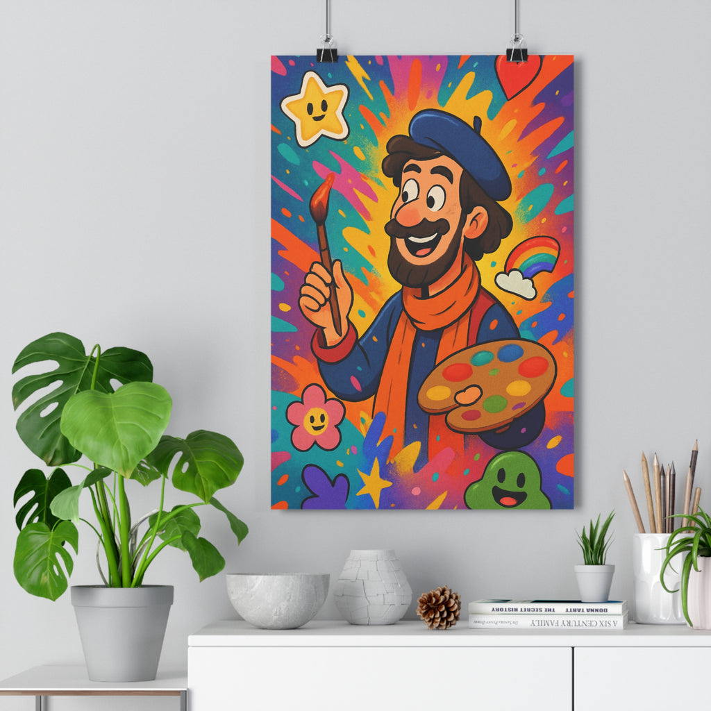 Poster décoratif cartoon joyeux multicolore bleu orange salon enfant ludique artiste dynamique tendance éclatant