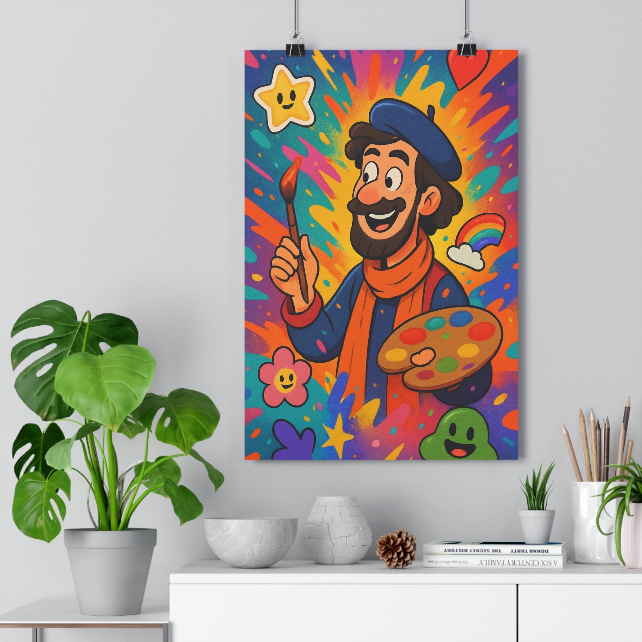 Poster décoratif cartoon joyeux multicolore bleu orange salon enfant ludique artiste dynamique tendance éclatant