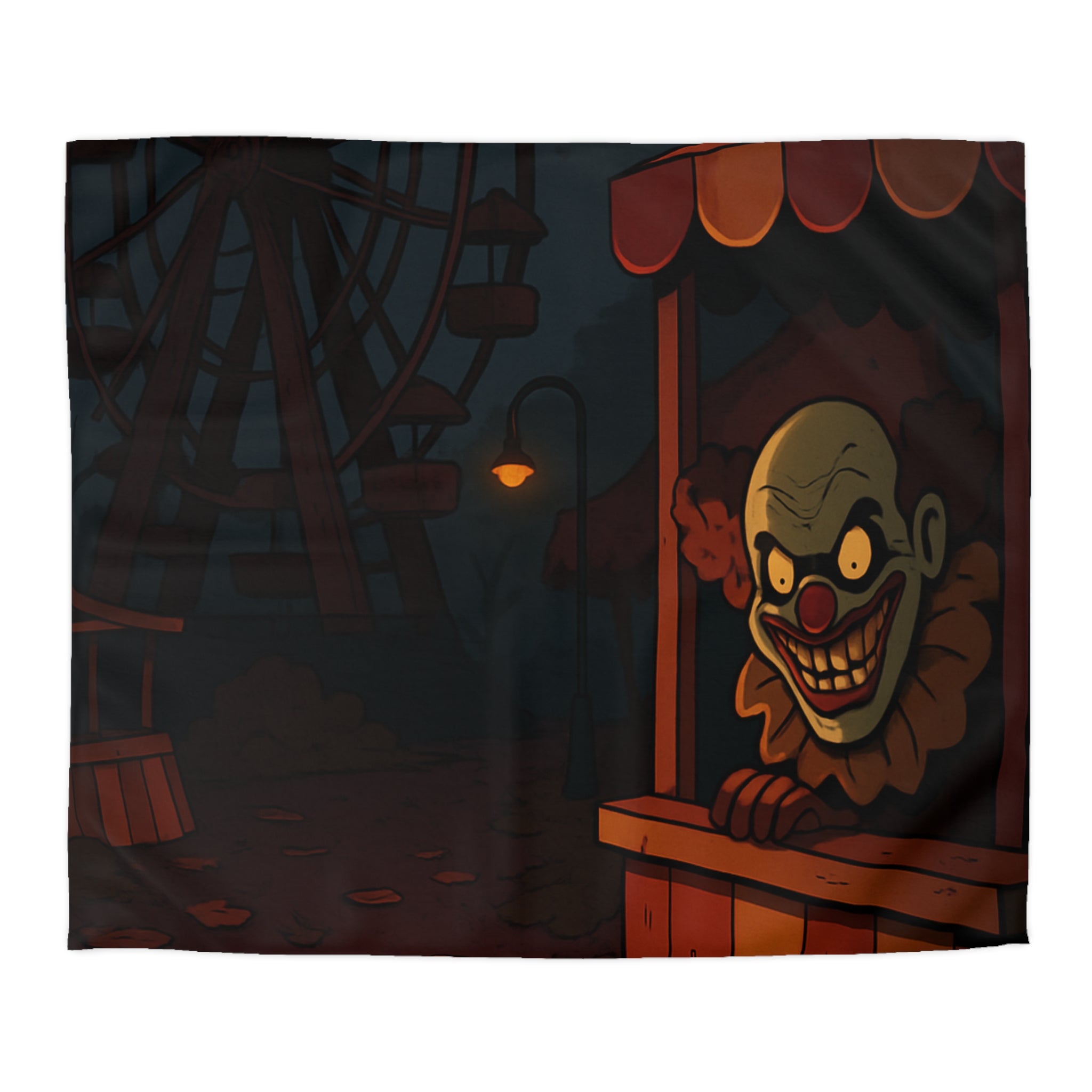 Housse de couette terrifiante avec clown sinistre et grande roue inquiétante la nuit