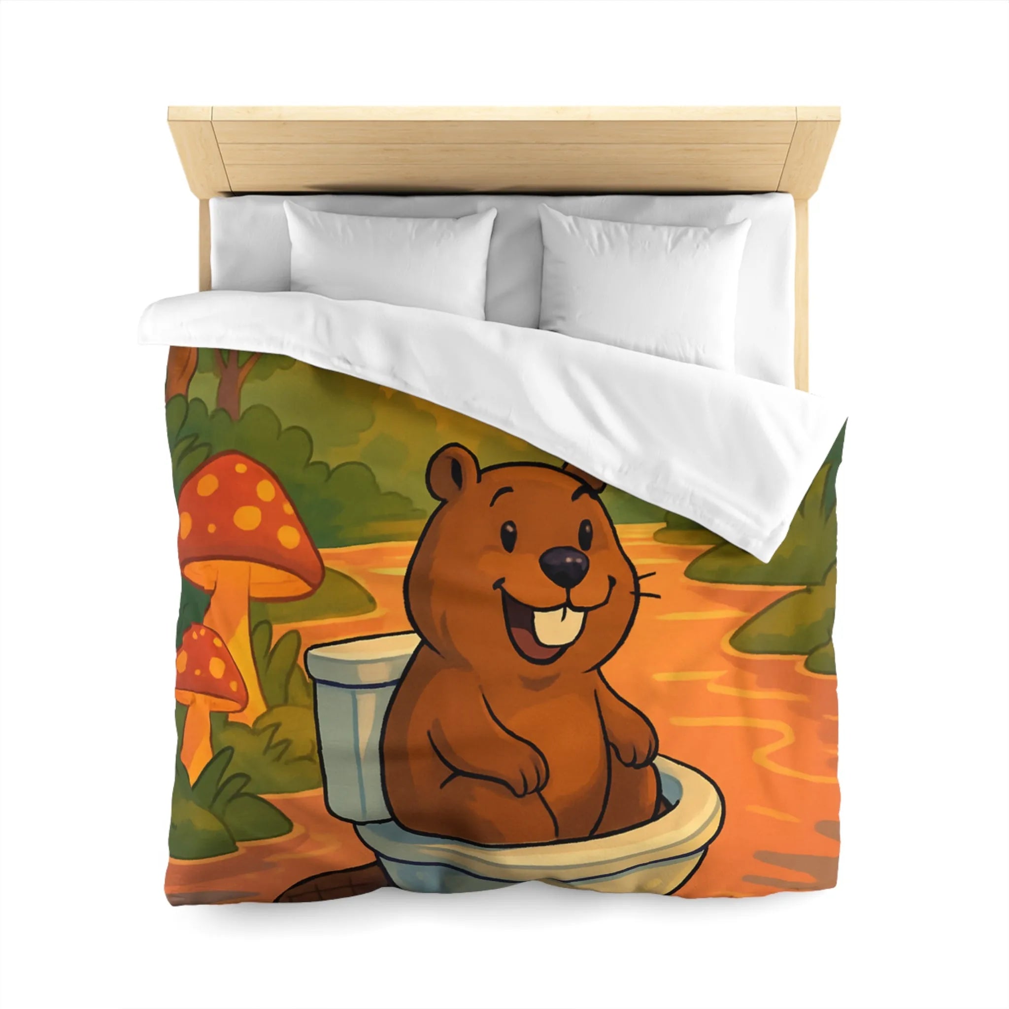 Housse de Couette Enfant Animée avec Castor Amusant et Paysage de Forêt Enchantée