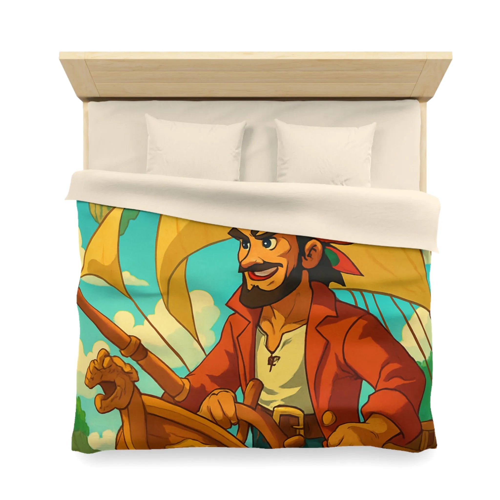 Housse de couette colorée avec pirate en bateau sur mer et îles flottantes