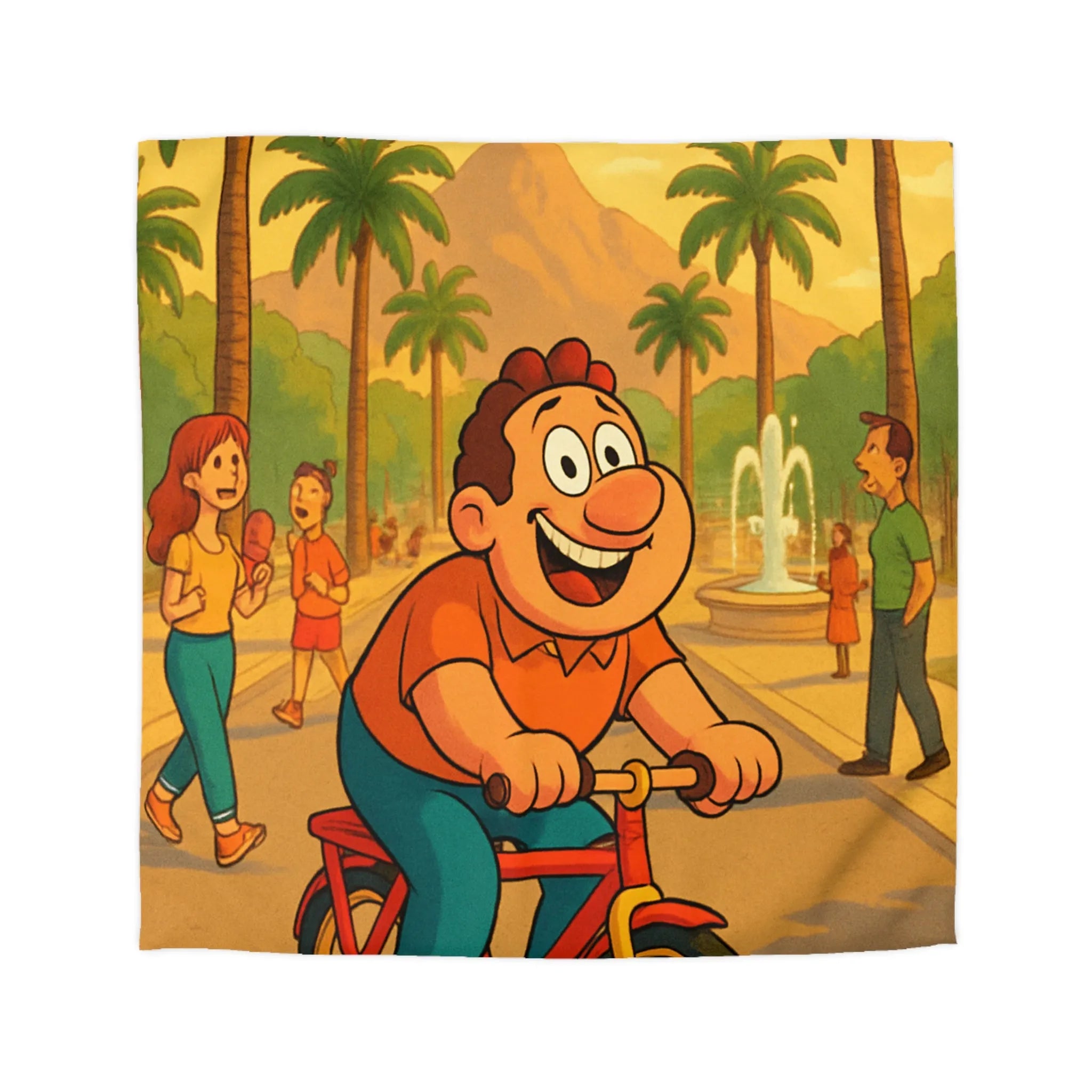 Housse de Couette Cartoon Joyeuse avec Cycliste dans un Parc Tropical et Fontaine