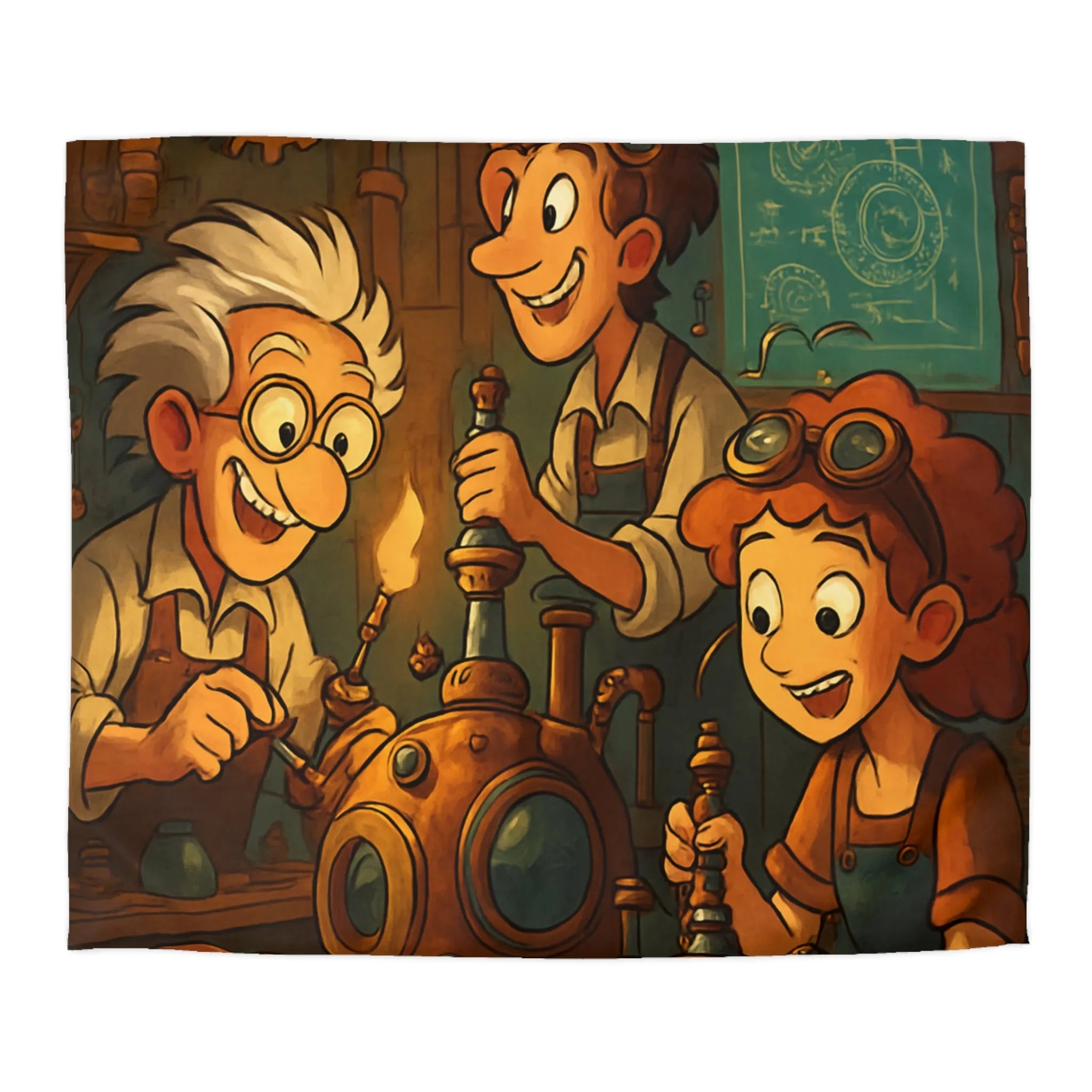 Housse de couette illustrée steampunk avec personnages inventeurs et machines dans atelier