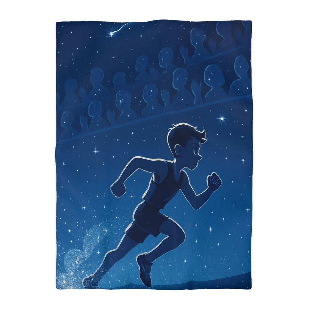 Housse de couette bleue nuit avec silhouette d'enfant courant sous ciel étoilé
