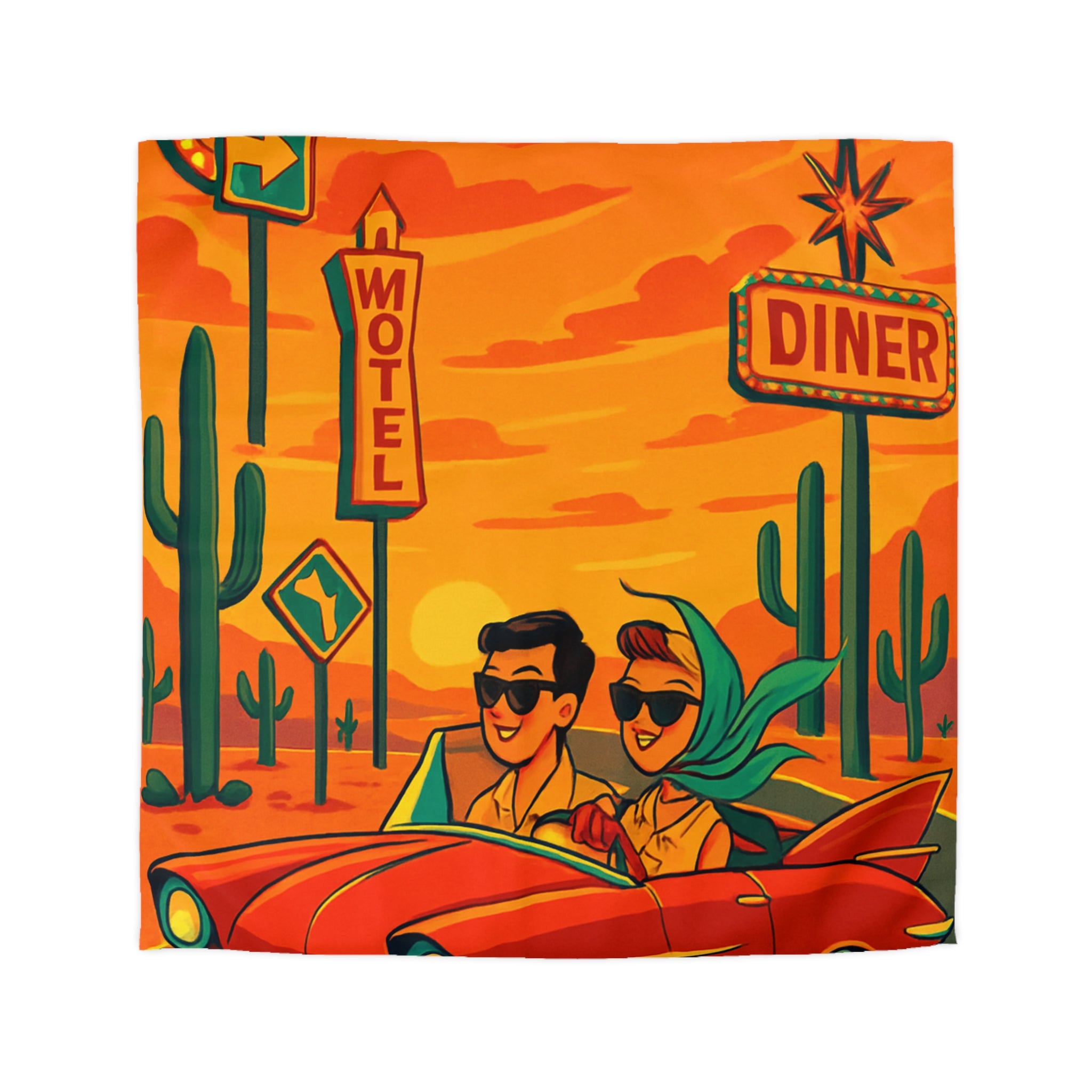 Housse de couette vintage rétro avec voiture rouge et paysages désertiques colorés