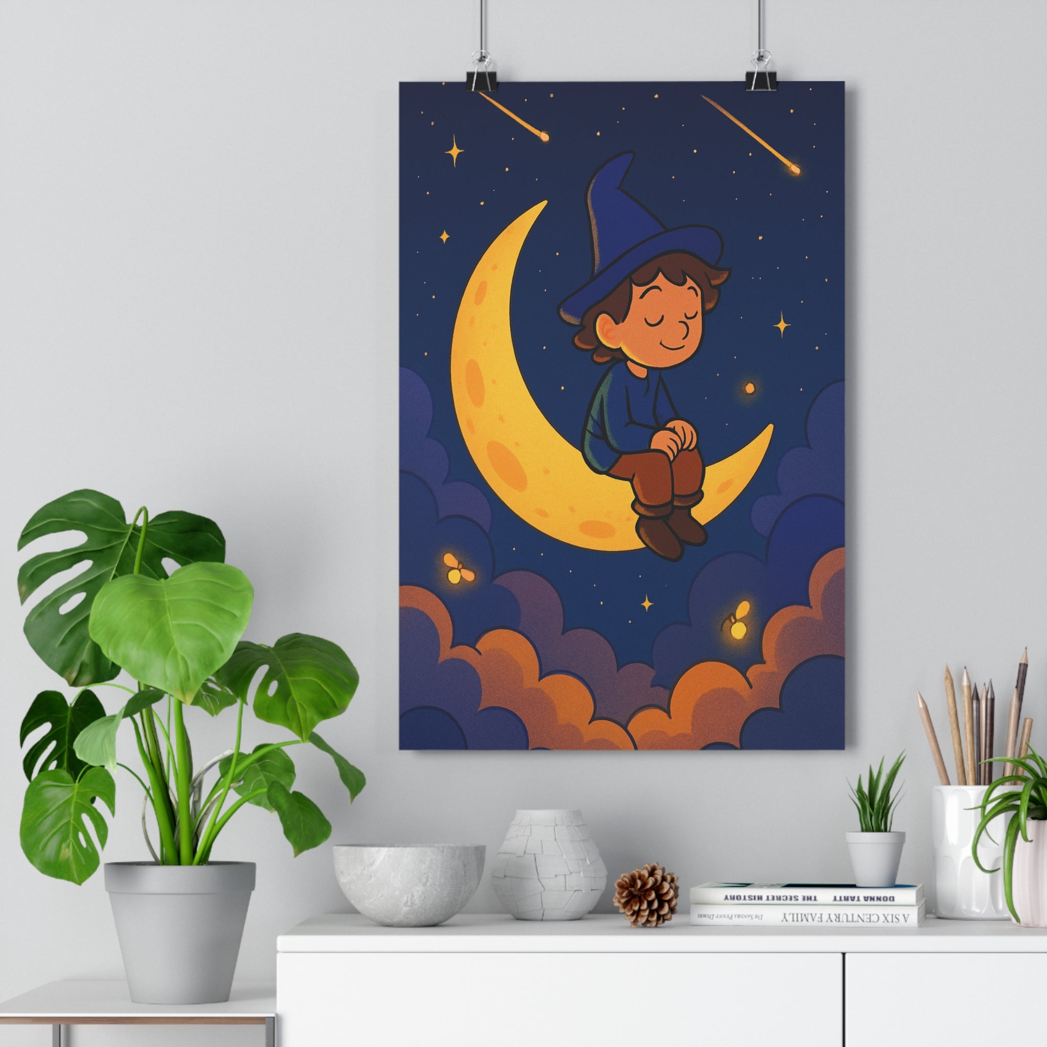 Poster décoratif rêve enfant bleu violet étoilé mystique chambre ciel lune poétique apaisant XXL