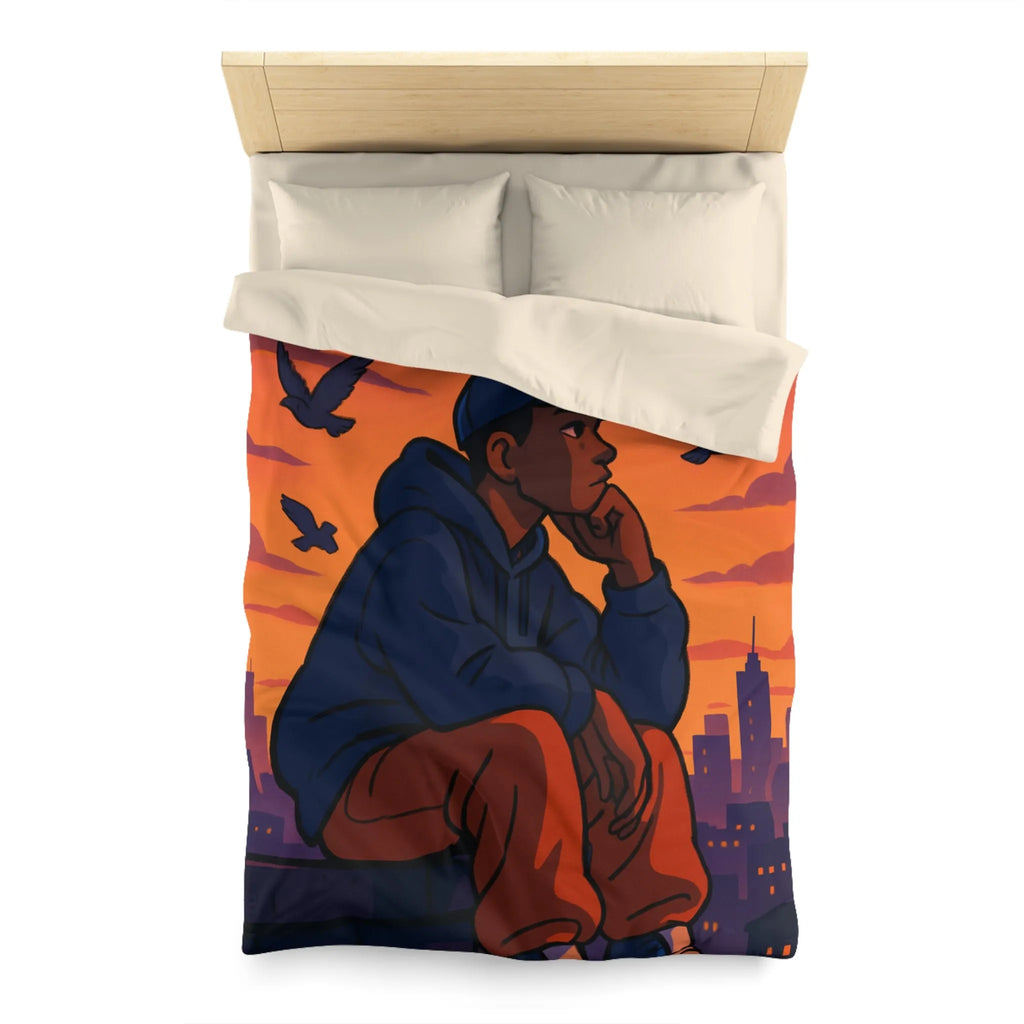 Housse de couette au design urbain moderne avec ciel crépusculaire et silhouette pensive